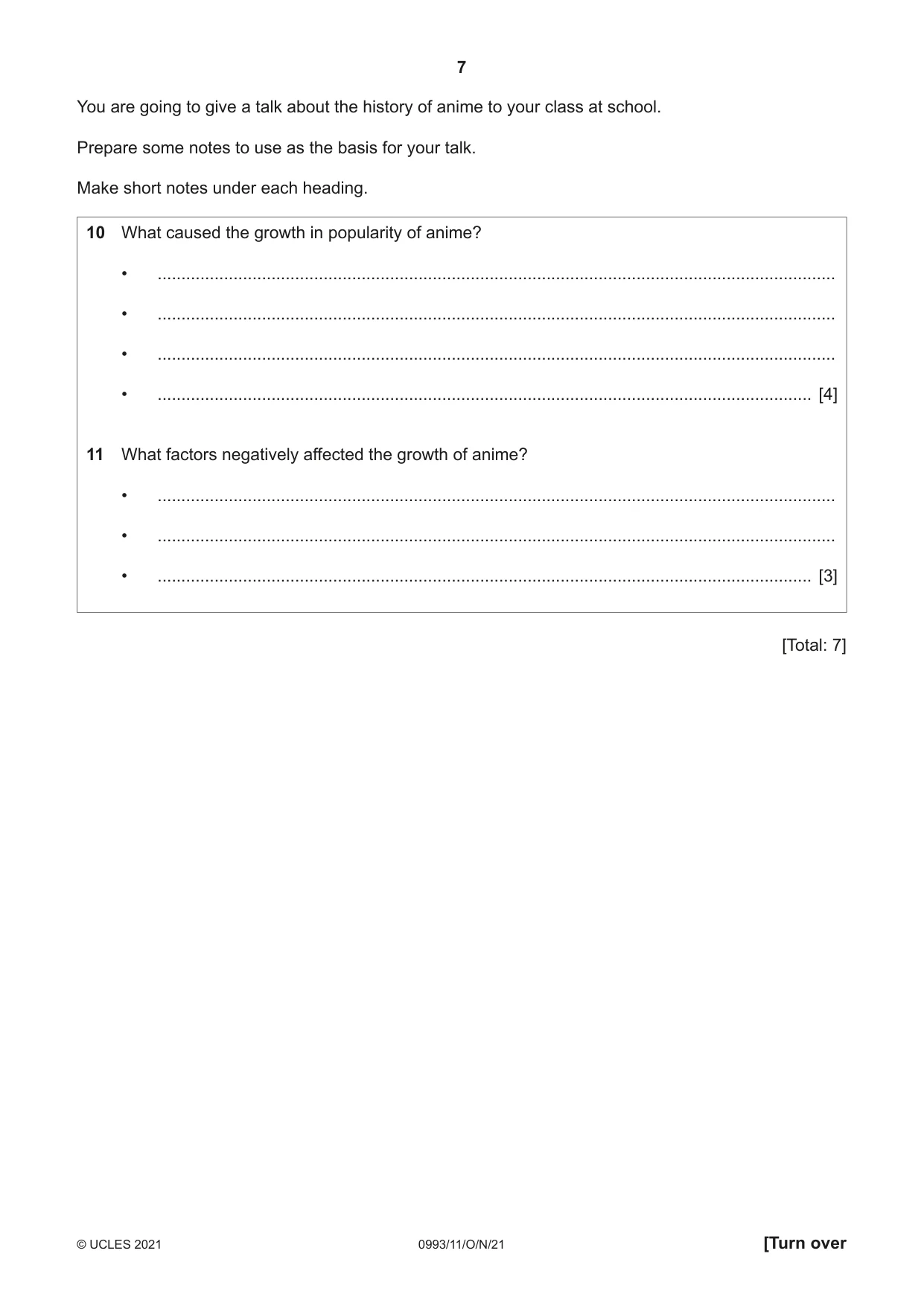 Cambridge IGCSE English Second Language (Speaking Endorsement) (9-1) 0993 2021 Oct/Nov Paper 1 · Variant 1 question paper, page 7 of 16