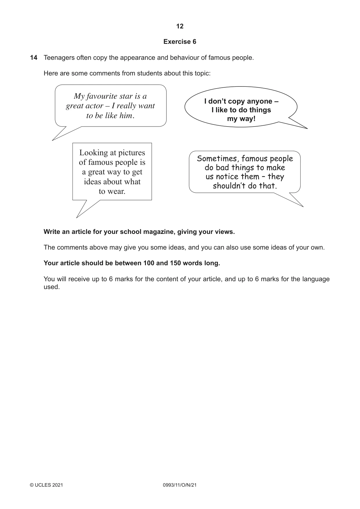 Cambridge IGCSE English Second Language (Speaking Endorsement) (9-1) 0993 2021 Oct/Nov Paper 1 · Variant 1 question paper, page 12 of 16
