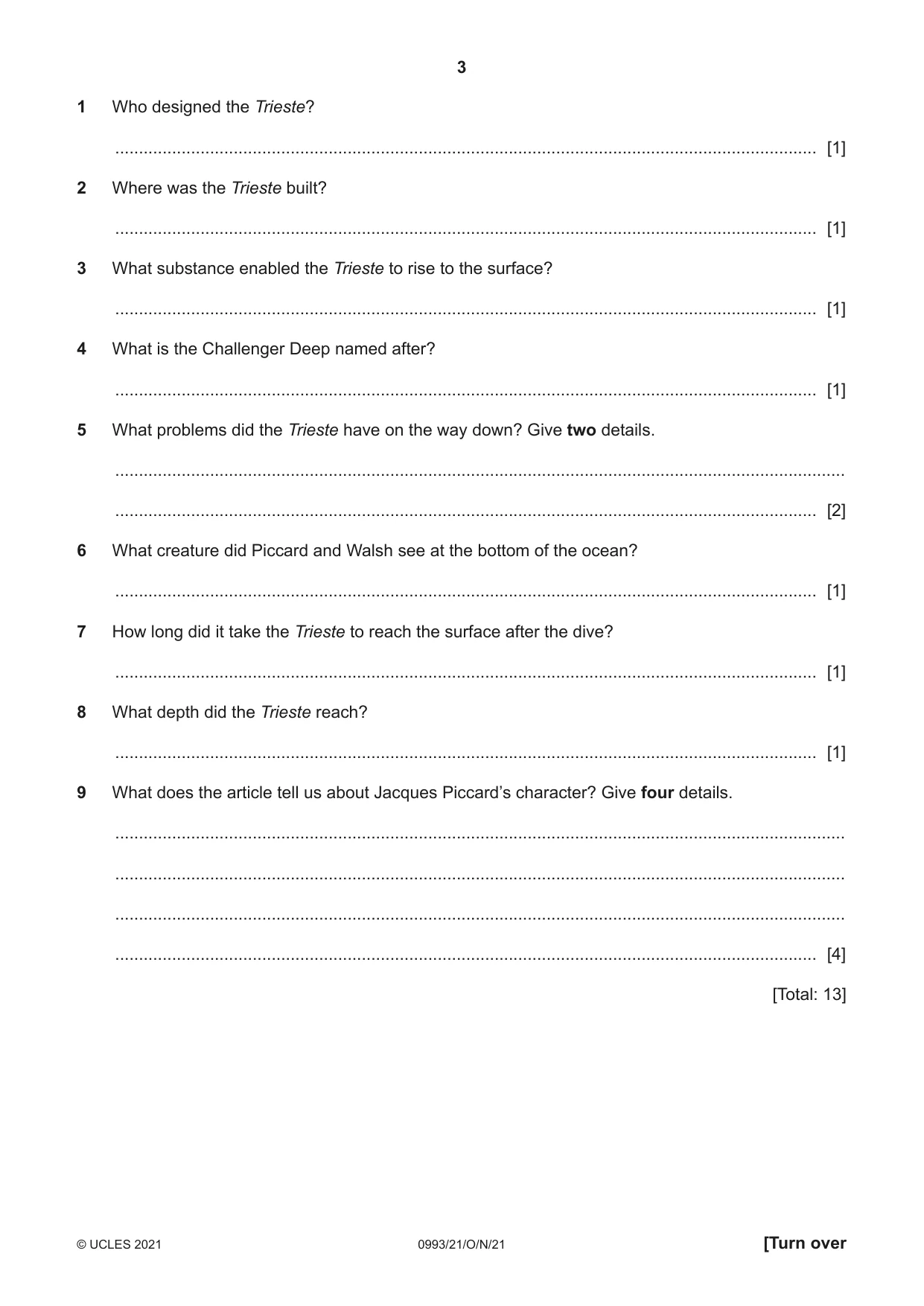 Cambridge IGCSE English Second Language (Speaking Endorsement) (9-1) 0993 2021 Oct/Nov Paper 2 · Variant 1 question paper, page 3 of 16