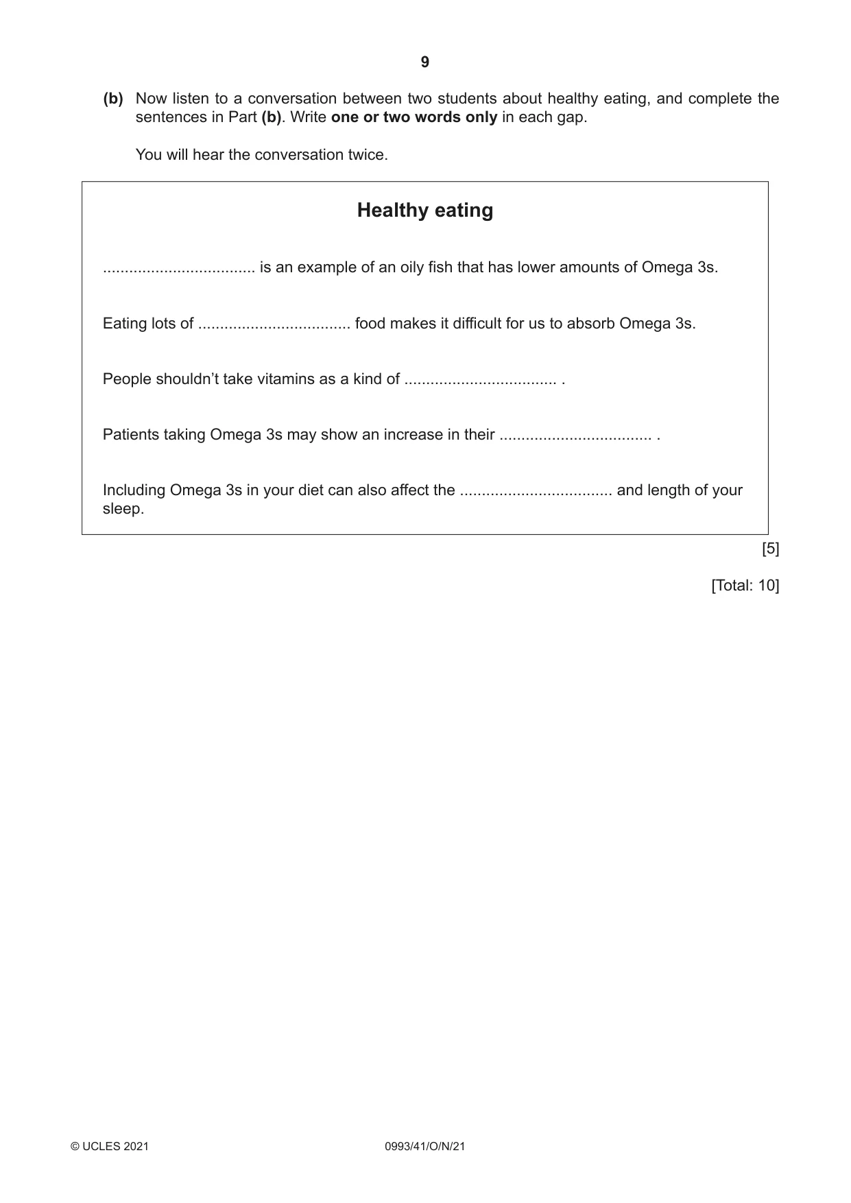 Cambridge IGCSE English Second Language (Speaking Endorsement) (9-1) 0993 2021 Oct/Nov Paper 4 · Variant 1 question paper, page 9 of 12