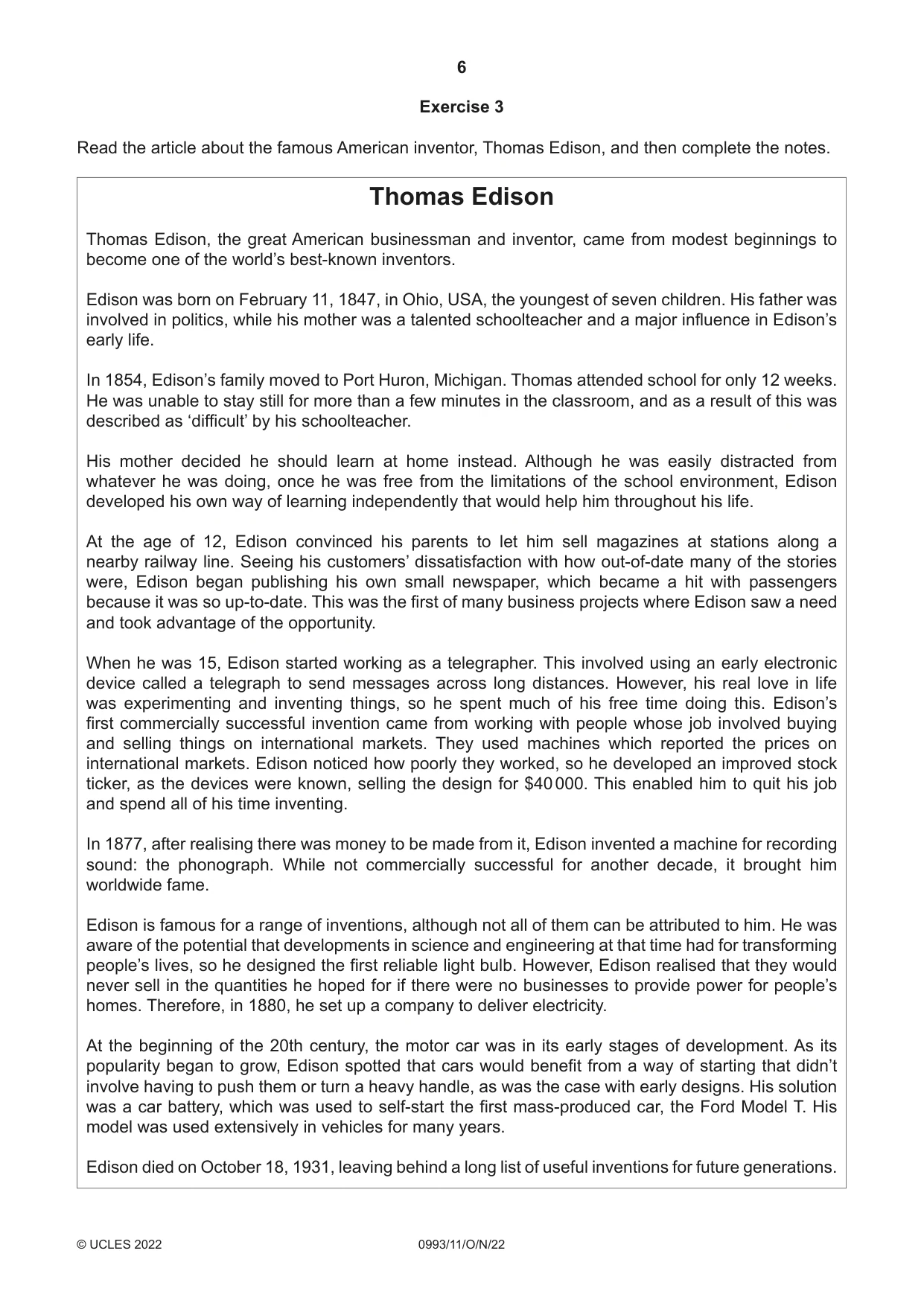 Cambridge IGCSE English Second Language (Speaking Endorsement) (9-1) 0993 2022 Oct/Nov Paper 1 · Variant 1 question paper, page 6 of 16