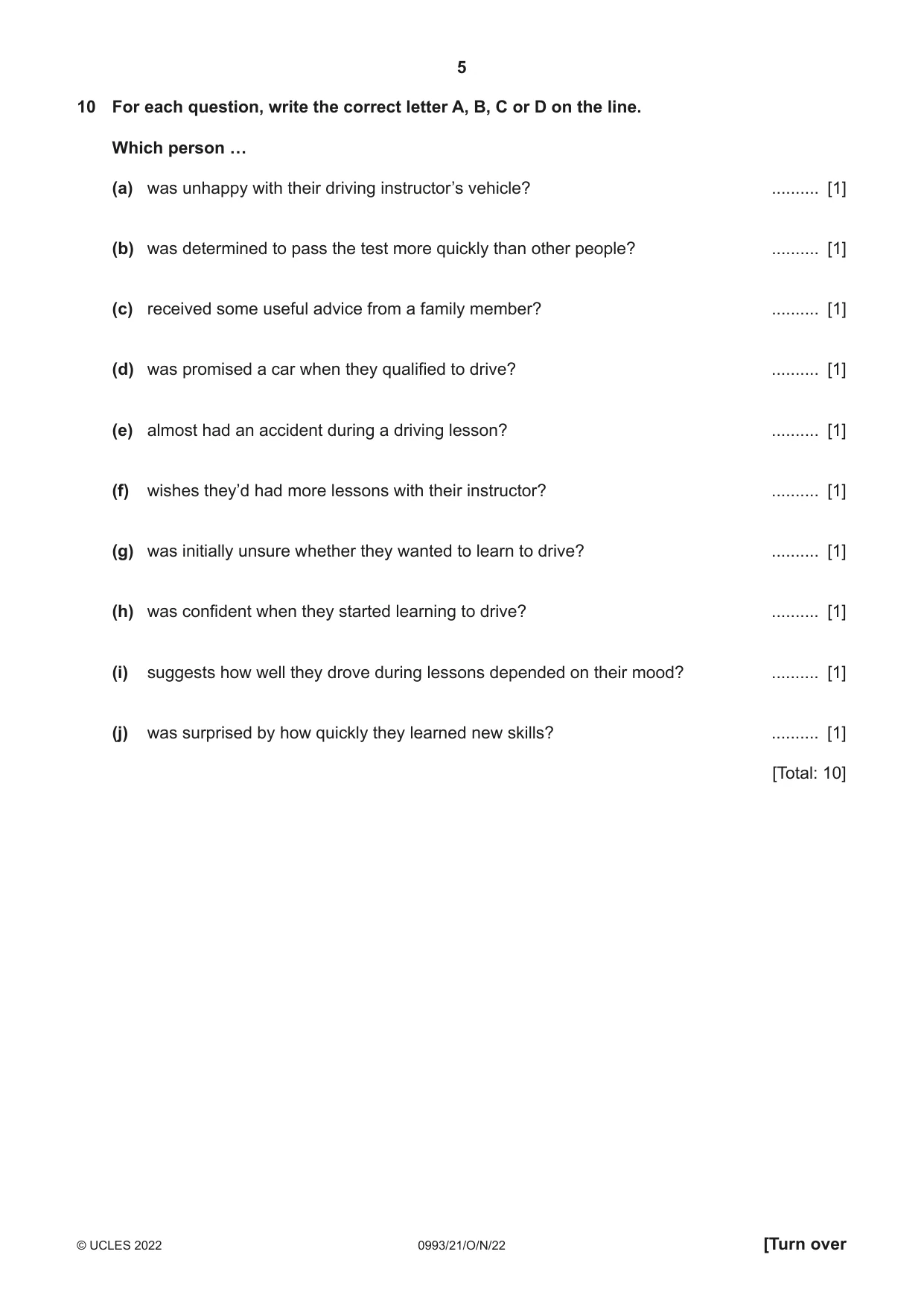 Cambridge IGCSE English Second Language (Speaking Endorsement) (9-1) 0993 2022 Oct/Nov Paper 2 · Variant 1 question paper, page 5 of 16