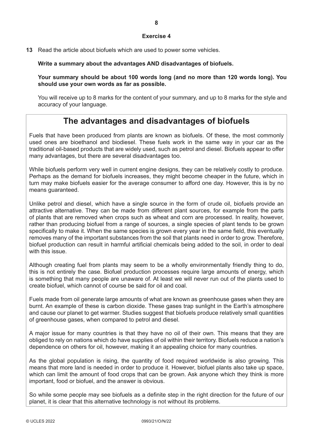 Cambridge IGCSE English Second Language (Speaking Endorsement) (9-1) 0993 2022 Oct/Nov Paper 2 · Variant 1 question paper, page 8 of 16