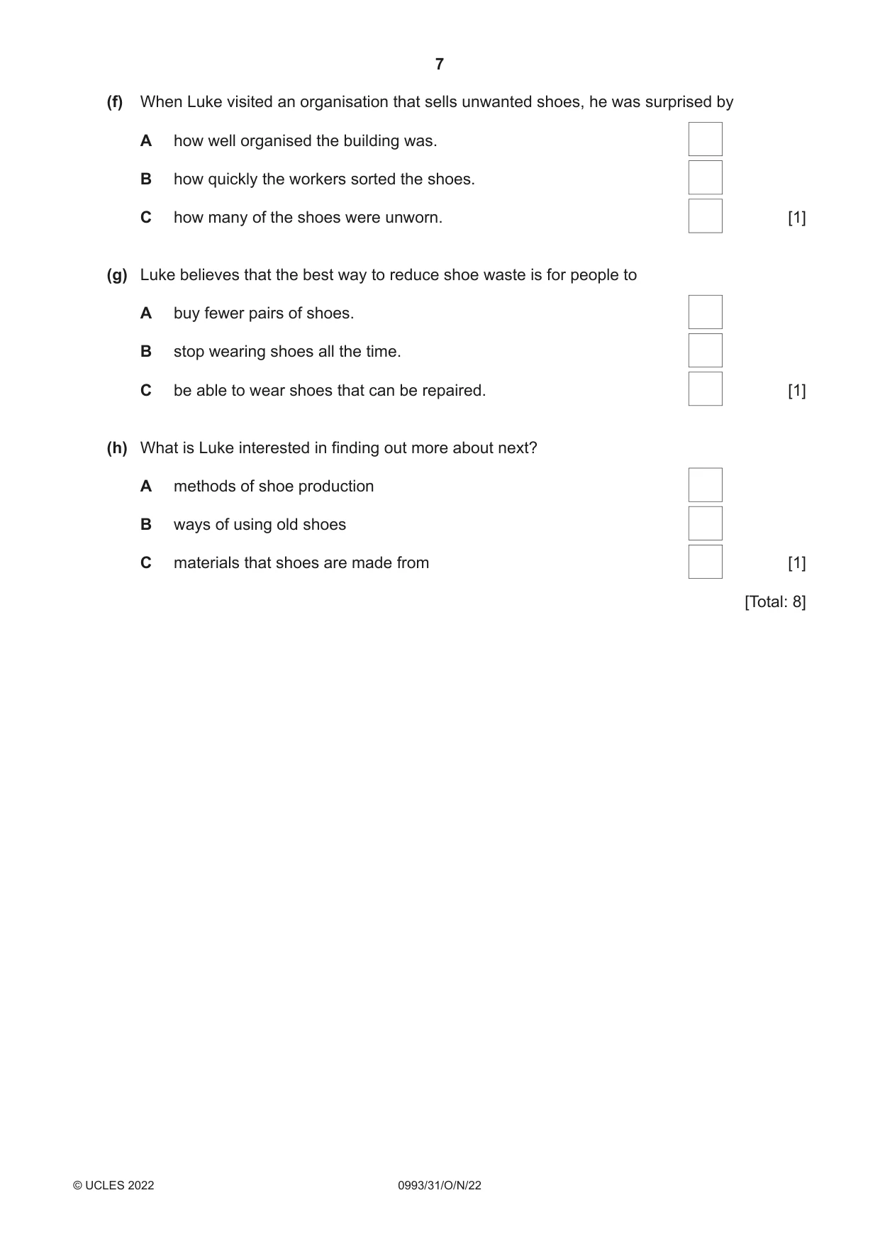 Cambridge IGCSE English Second Language (Speaking Endorsement) (9-1) 0993 2022 Oct/Nov Paper 3 · Variant 1 question paper, page 7 of 8
