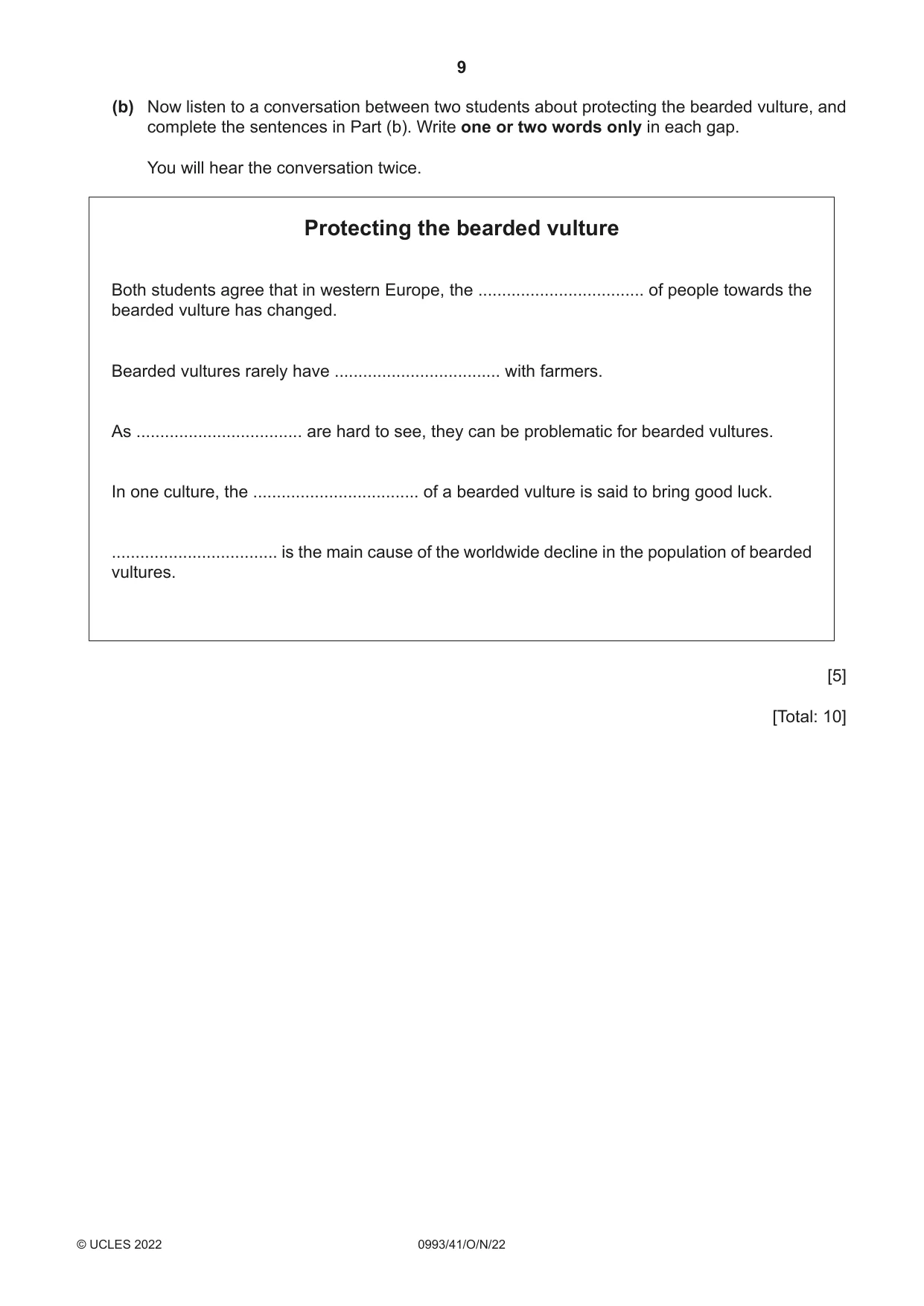 Cambridge IGCSE English Second Language (Speaking Endorsement) (9-1) 0993 2022 Oct/Nov Paper 4 · Variant 1 question paper, page 9 of 12