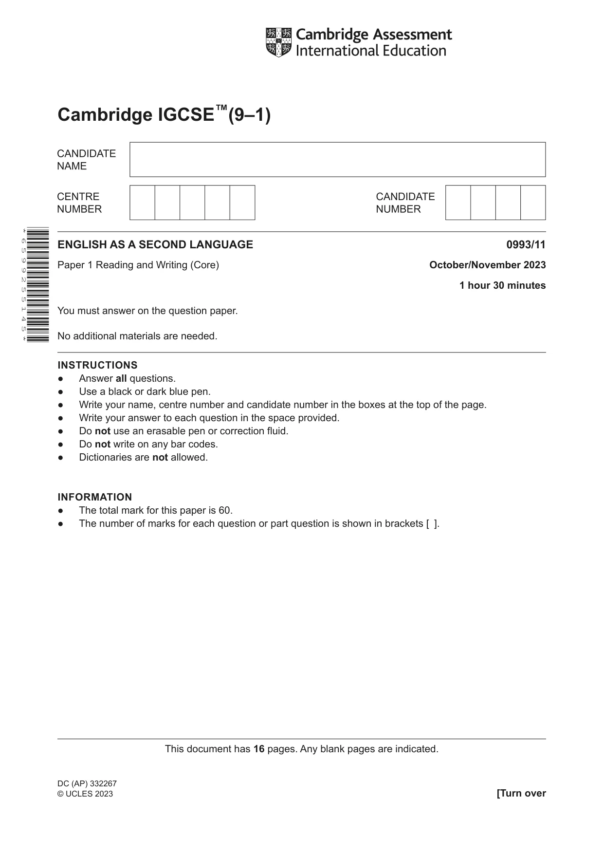 Cambridge IGCSE English Second Language (Speaking Endorsement) (9-1) 0993 2023 Oct/Nov Paper 1 · Variant 1 question paper, page 1 of 16