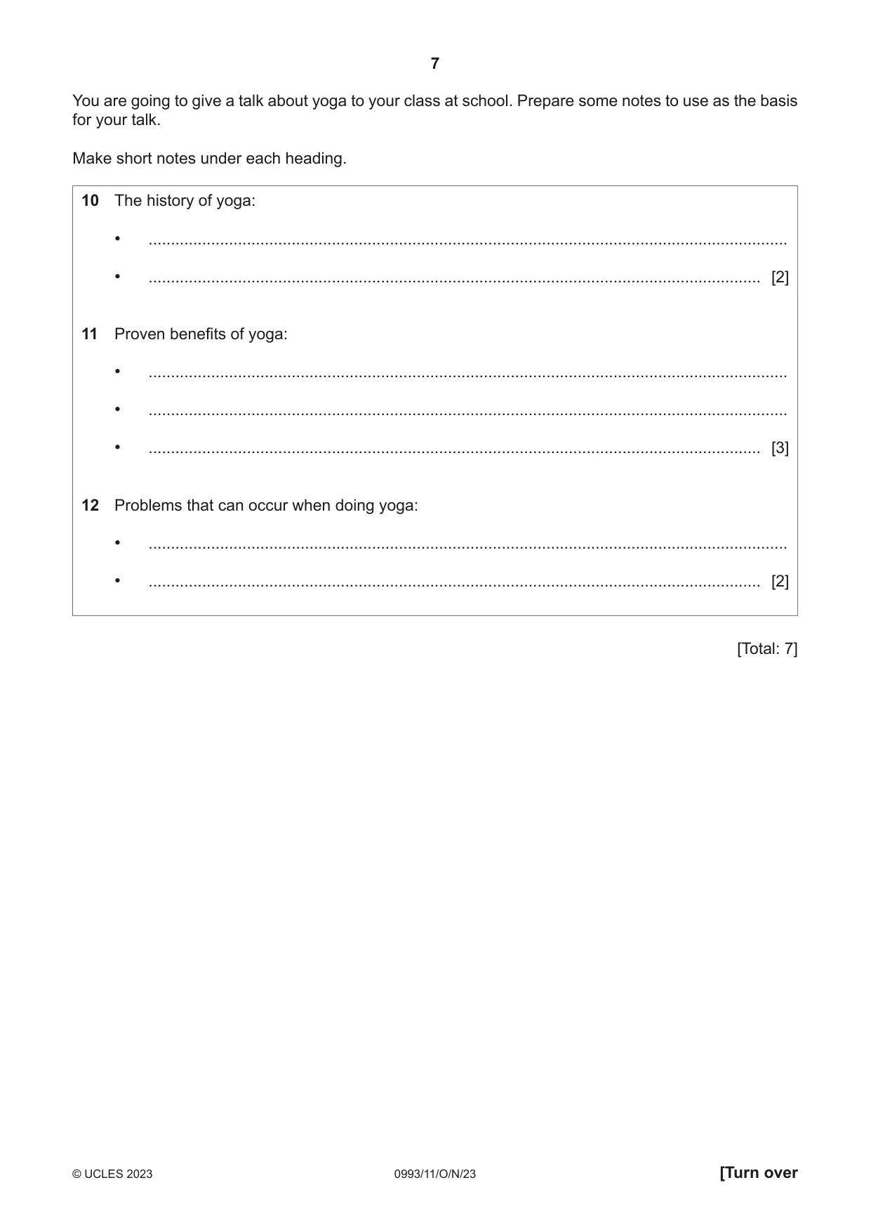 Cambridge IGCSE English Second Language (Speaking Endorsement) (9-1) 0993 2023 Oct/Nov Paper 1 · Variant 1 question paper, page 7 of 16