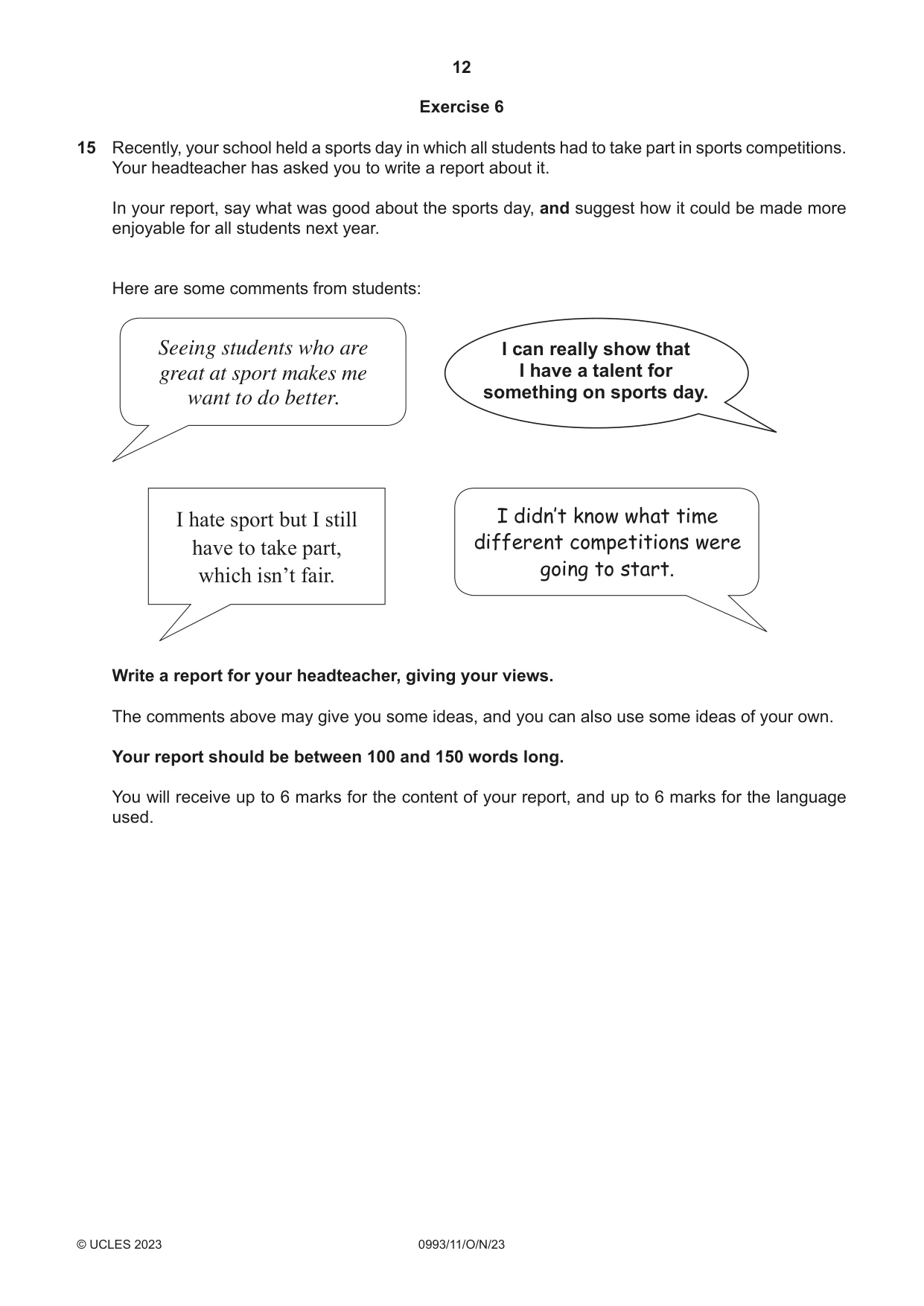 Cambridge IGCSE English Second Language (Speaking Endorsement) (9-1) 0993 2023 Oct/Nov Paper 1 · Variant 1 question paper, page 12 of 16