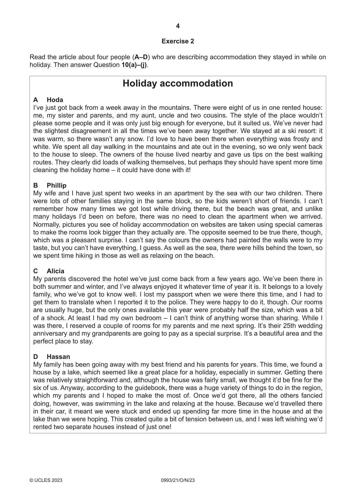 Cambridge IGCSE English Second Language (Speaking Endorsement) (9-1) 0993 2023 Oct/Nov Paper 2 · Variant 1 question paper, page 4 of 16