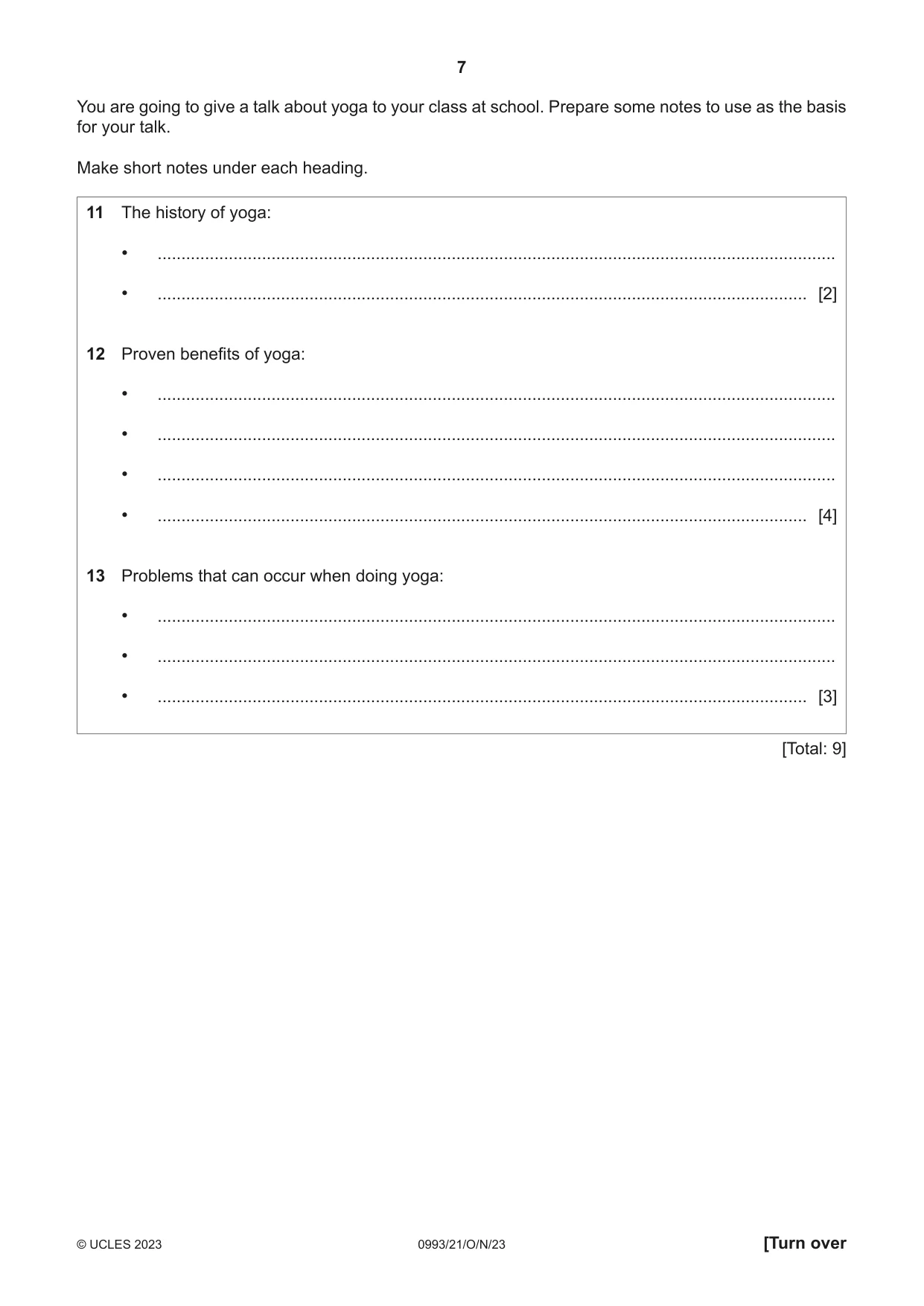 Cambridge IGCSE English Second Language (Speaking Endorsement) (9-1) 0993 2023 Oct/Nov Paper 2 · Variant 1 question paper, page 7 of 16