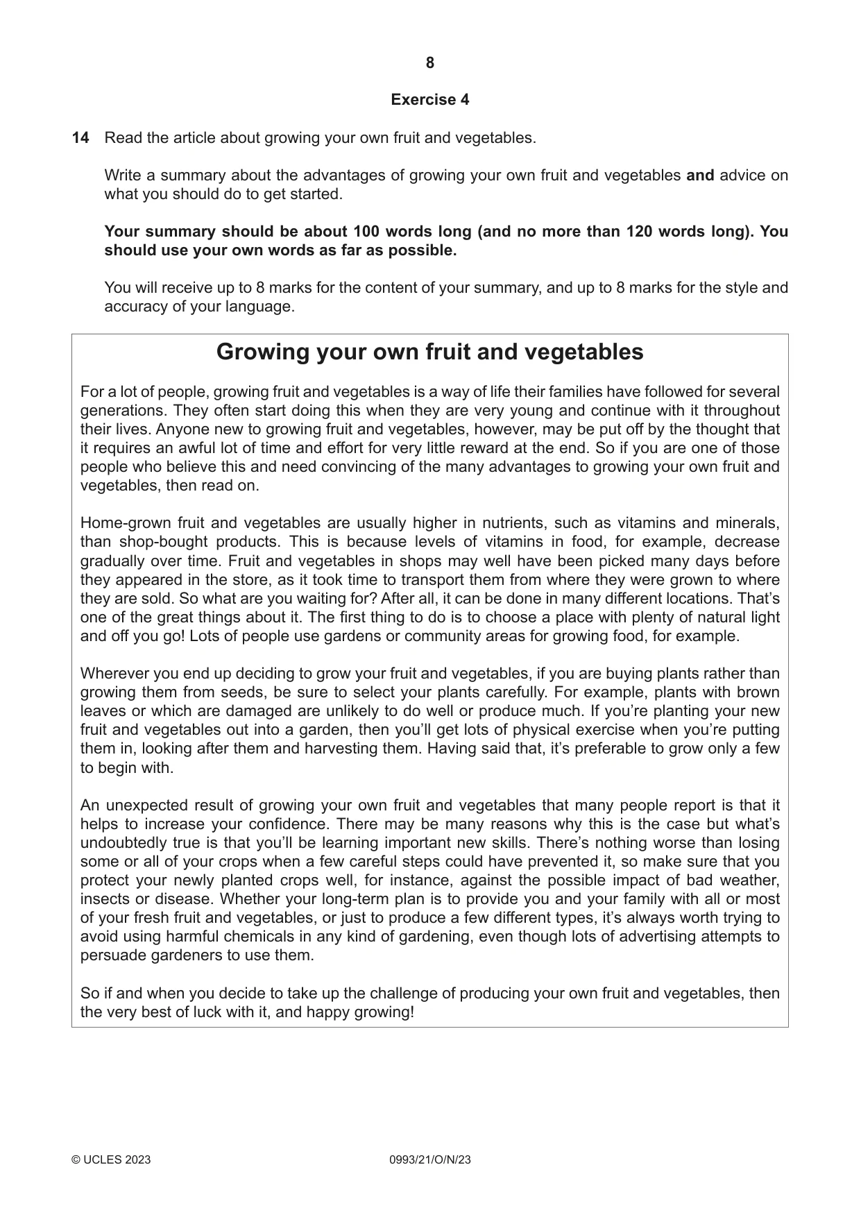 Cambridge IGCSE English Second Language (Speaking Endorsement) (9-1) 0993 2023 Oct/Nov Paper 2 · Variant 1 question paper, page 8 of 16