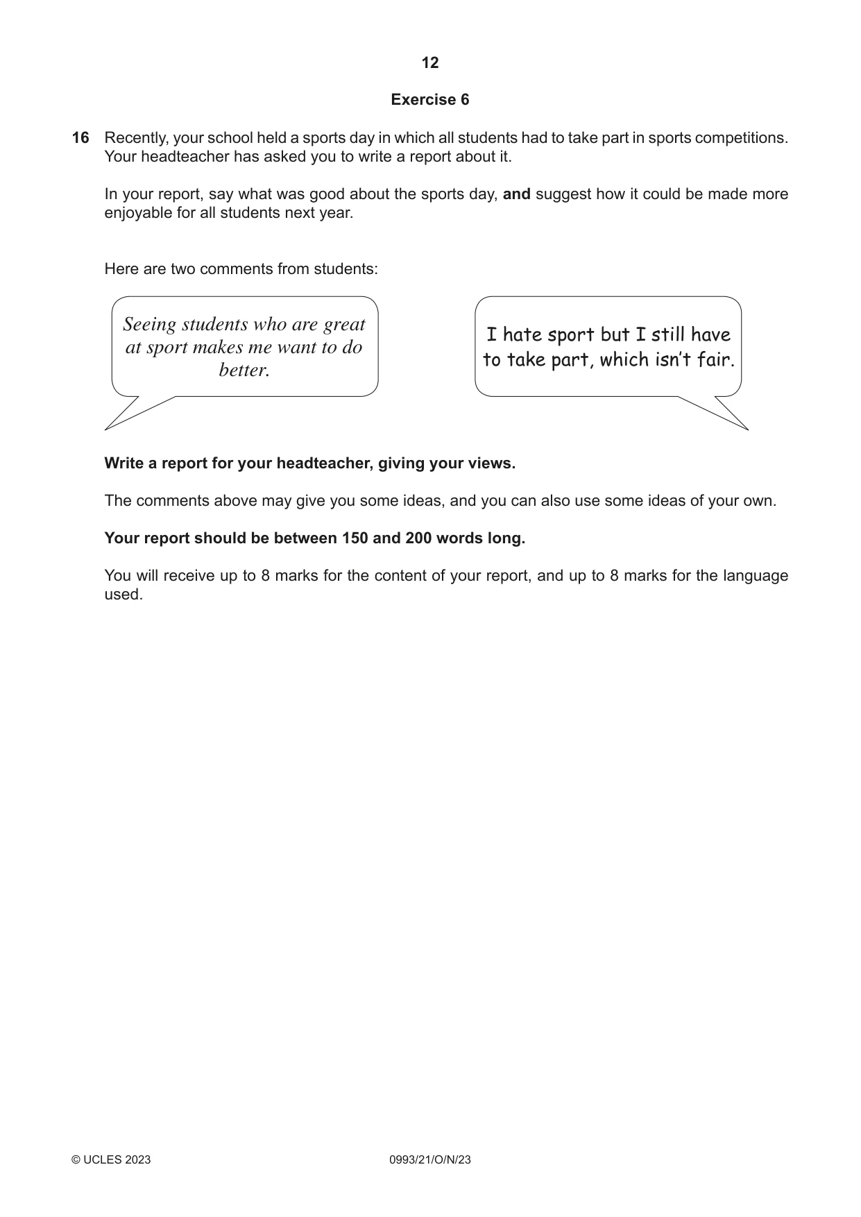 Cambridge IGCSE English Second Language (Speaking Endorsement) (9-1) 0993 2023 Oct/Nov Paper 2 · Variant 1 question paper, page 12 of 16