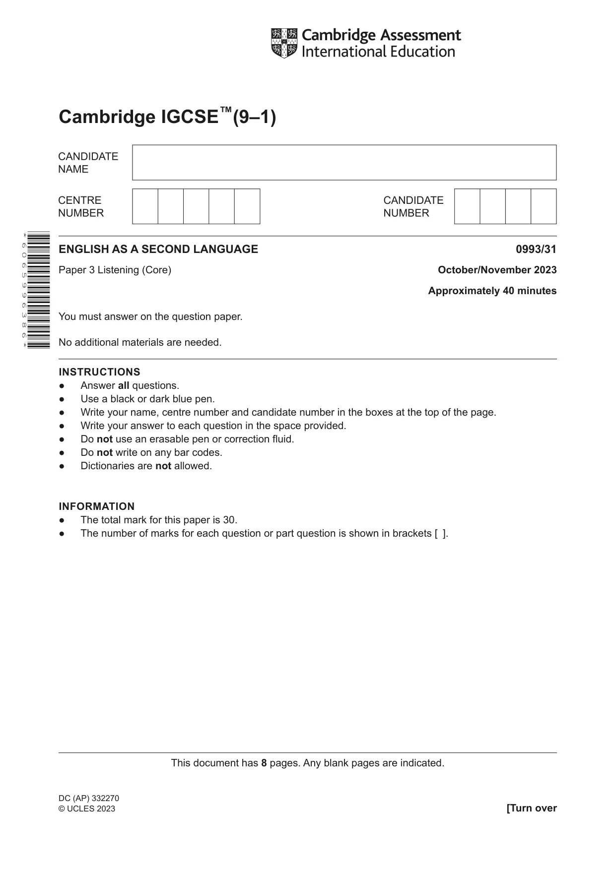 Cambridge IGCSE English Second Language (Speaking Endorsement) (9-1) 0993 2023 Oct/Nov Paper 3 · Variant 1 question paper, page 1 of 8