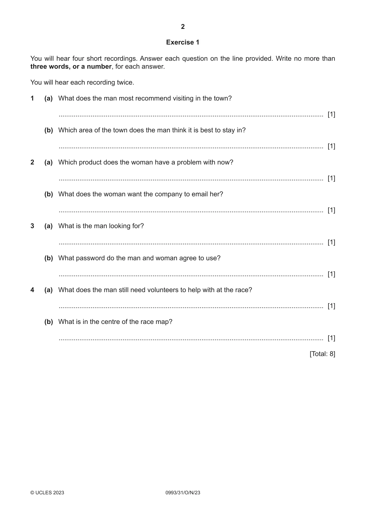 Cambridge IGCSE English Second Language (Speaking Endorsement) (9-1) 0993 2023 Oct/Nov Paper 3 · Variant 1 question paper, page 2 of 8