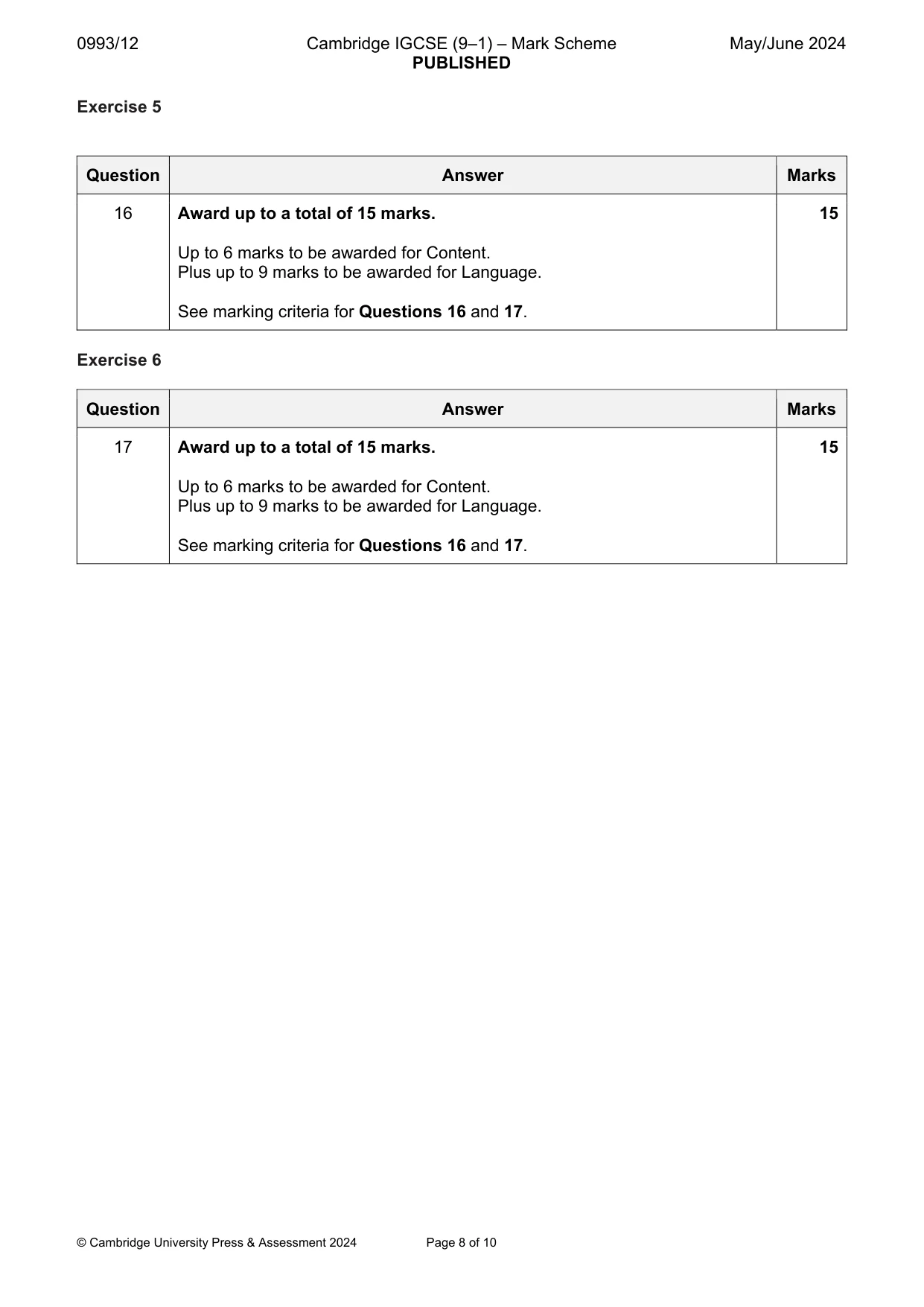 Mark scheme, page 8 of 10