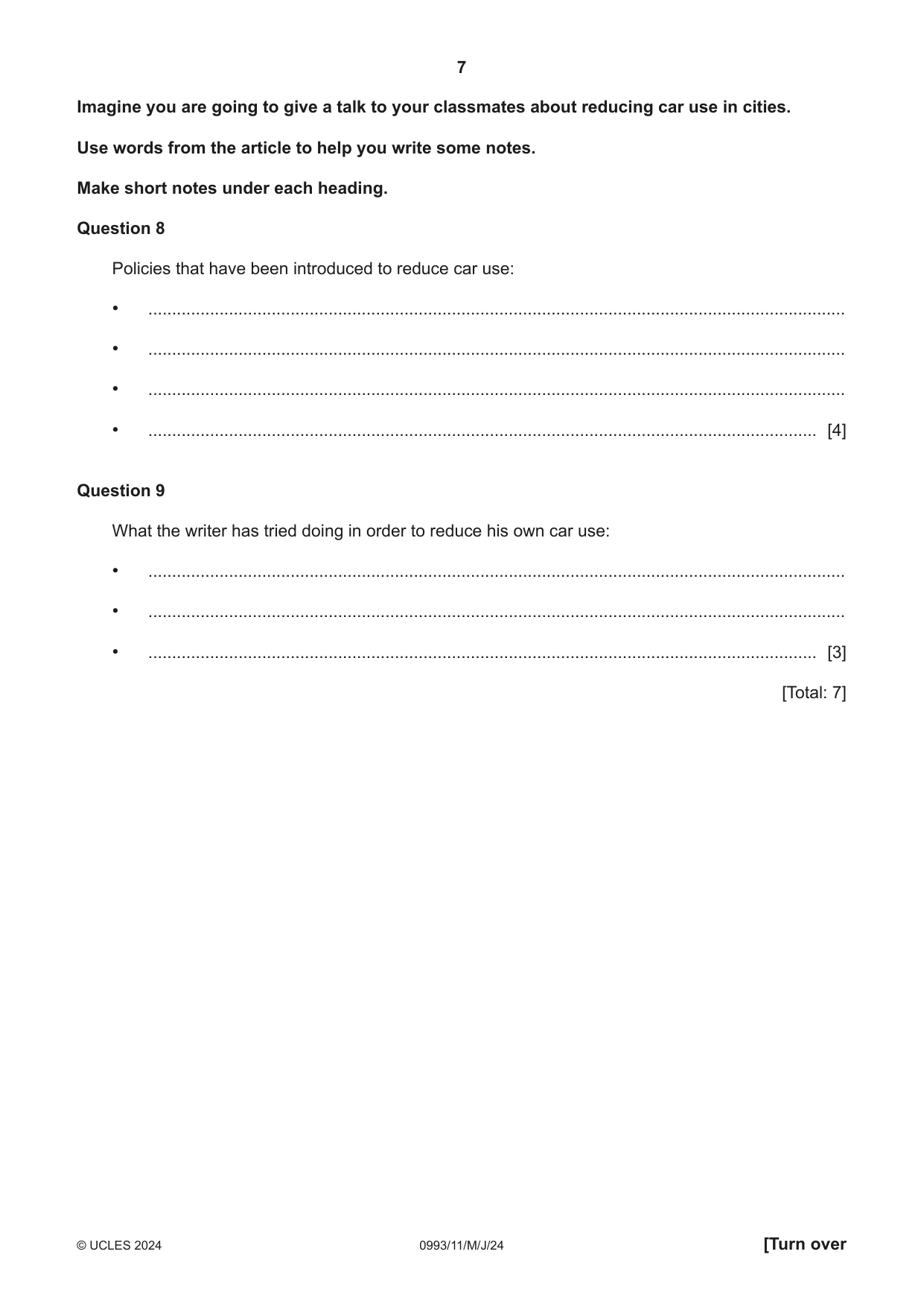Cambridge IGCSE English Second Language (Speaking Endorsement) (9-1) 0993 2024 May/June Paper 1 · Variant 1 question paper, page 7 of 16