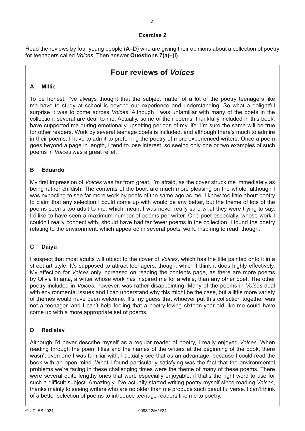 Cambridge IGCSE English Second Language (Speaking Endorsement) (9-1) 0993 2024 May/June Paper 1 · Variant 2 question paper, page 4 of 16