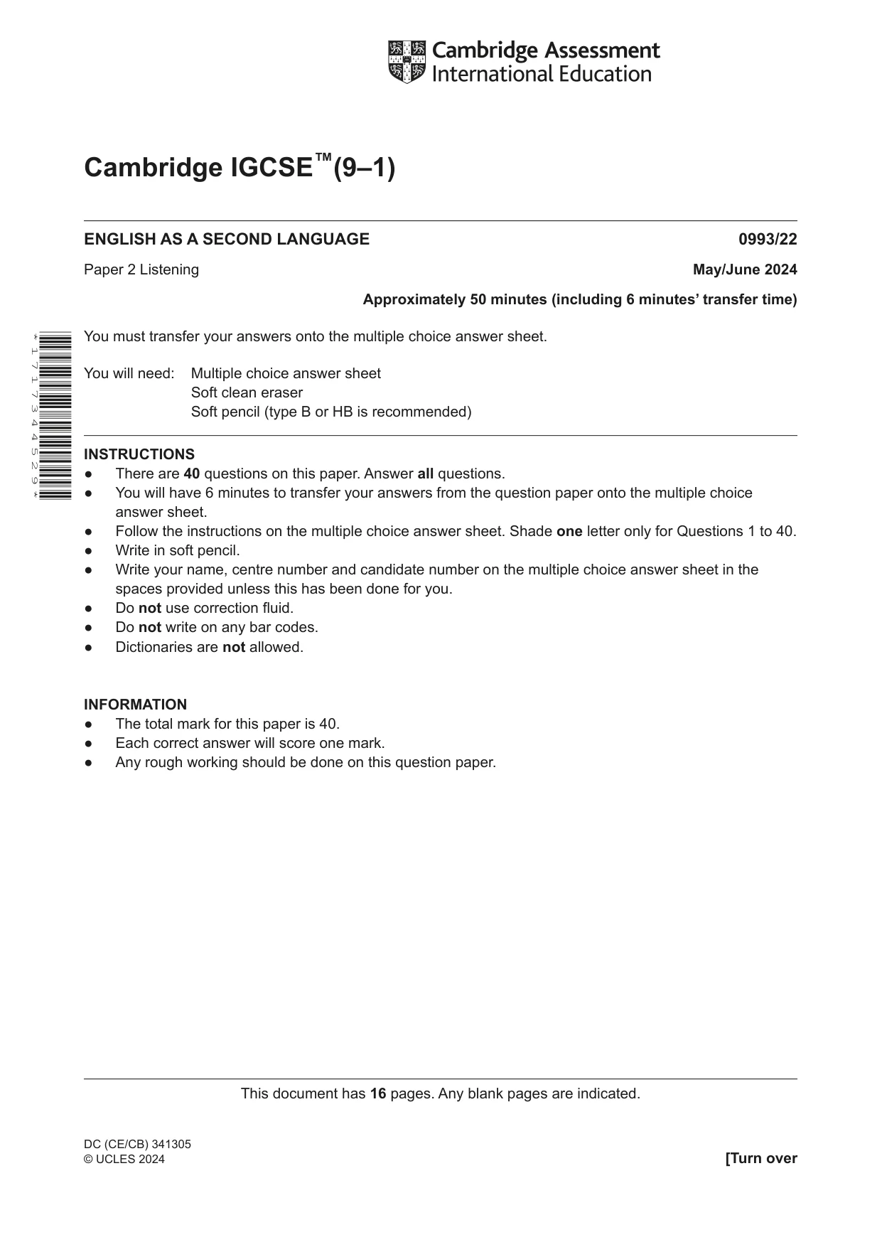 Cambridge IGCSE English Second Language (Speaking Endorsement) (9-1) 0993 2024 May/June Paper 2 · Variant 2 question paper, page 1 of 16