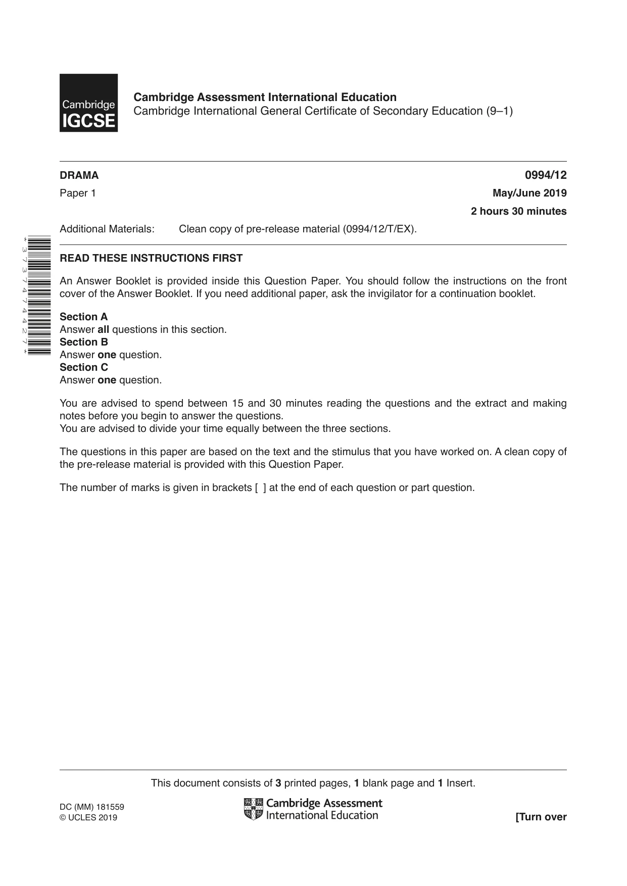 Cambridge IGCSE Drama (9-1) 0994 2019 May/June Paper 1 · Variant 2 question paper, page 1 of 4