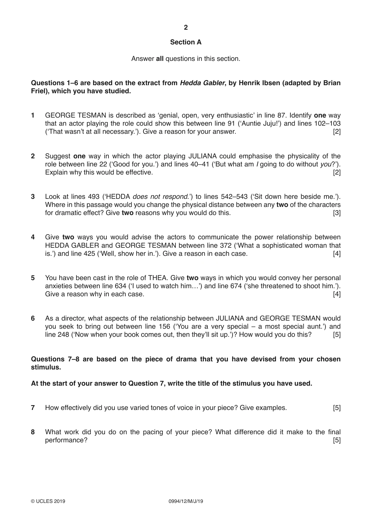 Cambridge IGCSE Drama (9-1) 0994 2019 May/June Paper 1 · Variant 2 question paper, page 2 of 4