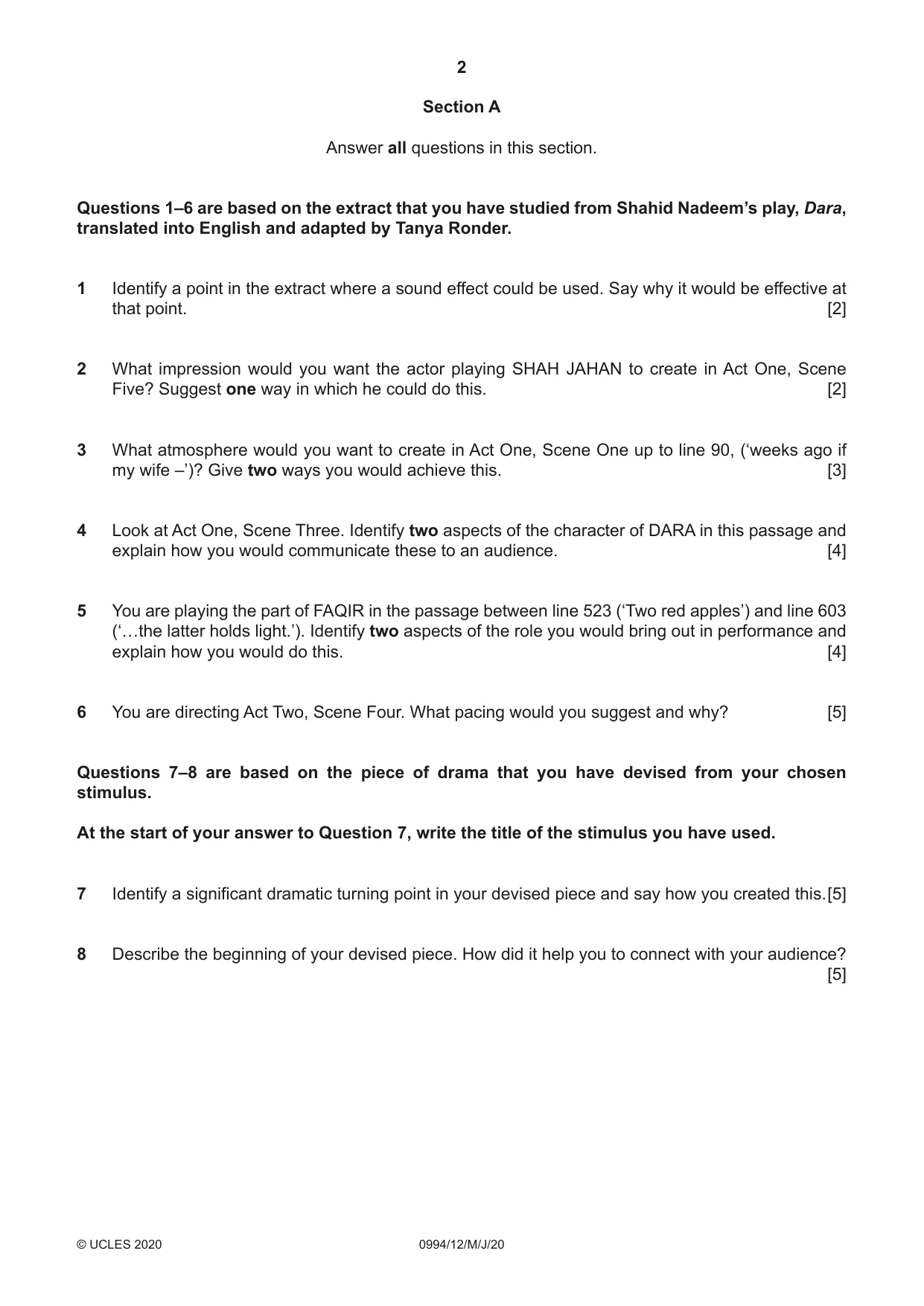 Cambridge IGCSE Drama (9-1) 0994 2020 May/June Paper 1 · Variant 2 question paper, page 2 of 4
