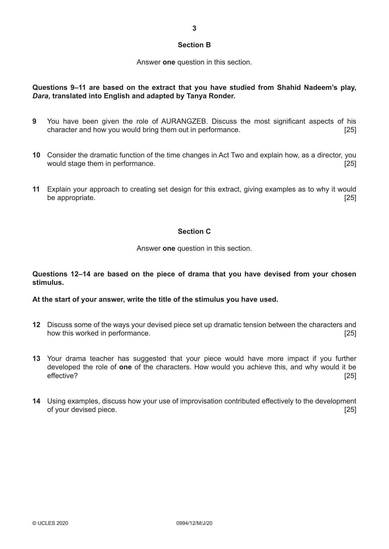Cambridge IGCSE Drama (9-1) 0994 2020 May/June Paper 1 · Variant 2 question paper, page 3 of 4