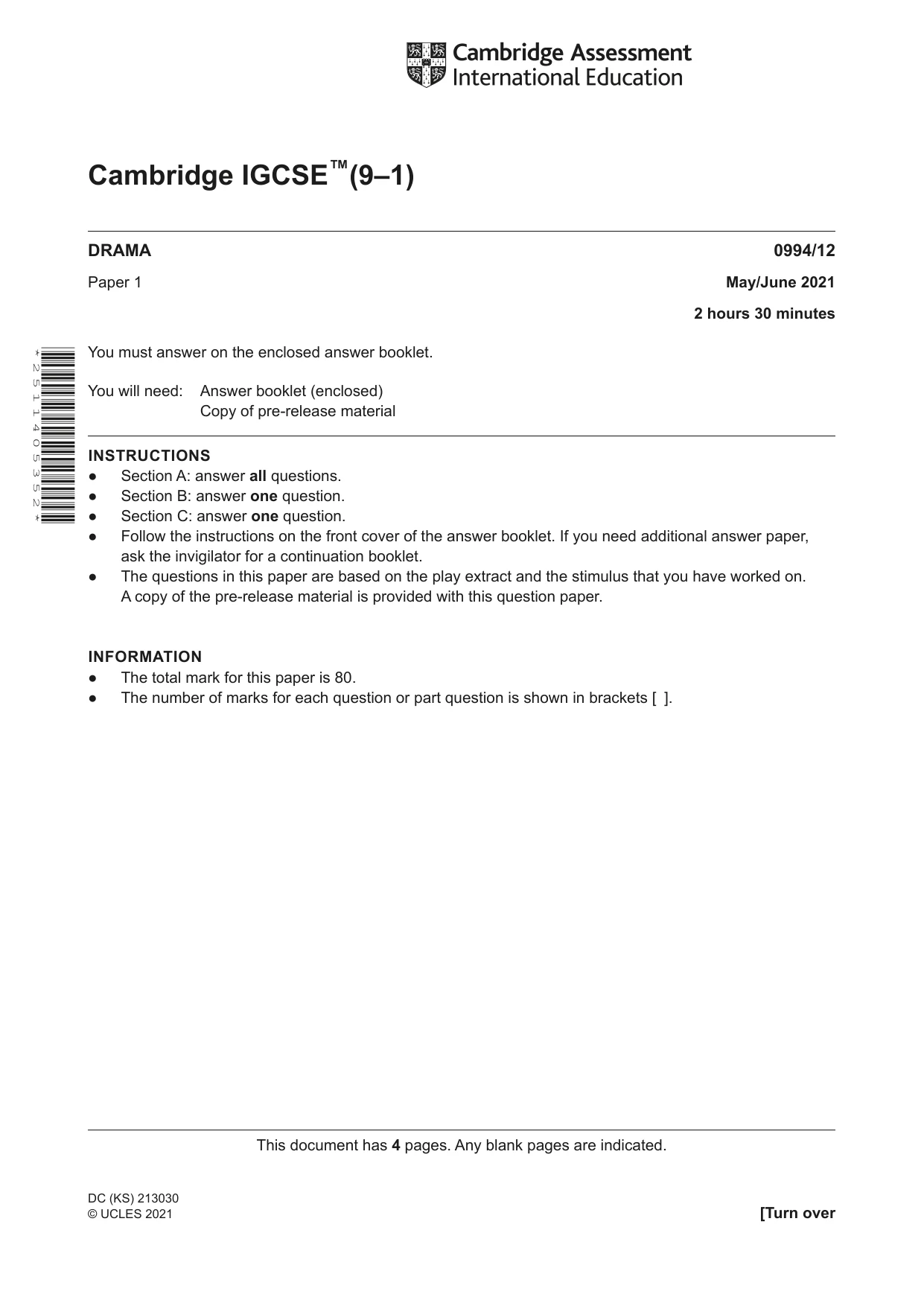 Cambridge IGCSE Drama (9-1) 0994 2021 May/June Paper 1 · Variant 2 question paper, page 1 of 4
