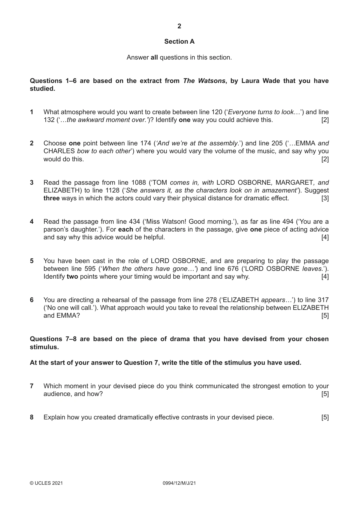 Cambridge IGCSE Drama (9-1) 0994 2021 May/June Paper 1 · Variant 2 question paper, page 2 of 4