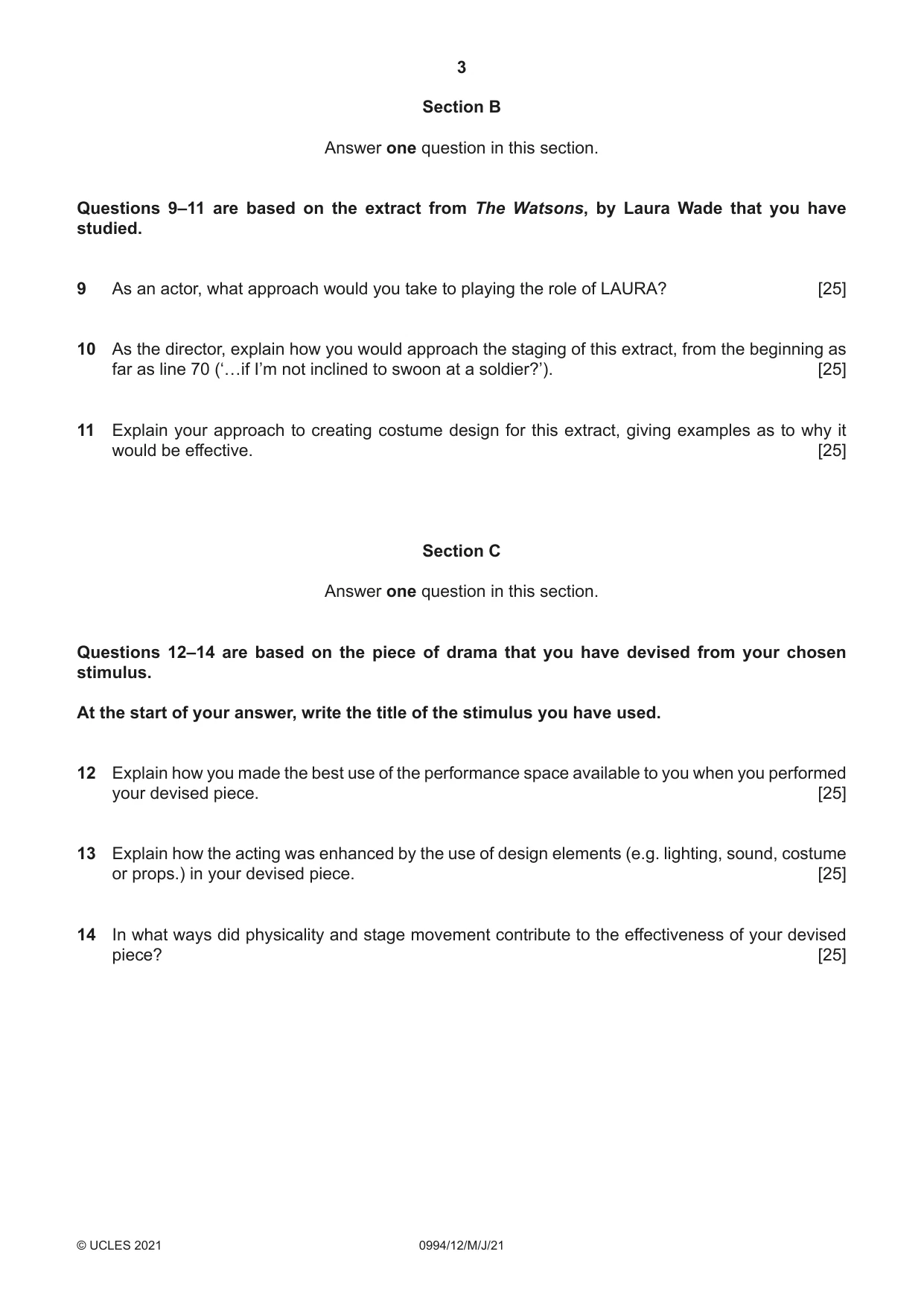 Cambridge IGCSE Drama (9-1) 0994 2021 May/June Paper 1 · Variant 2 question paper, page 3 of 4