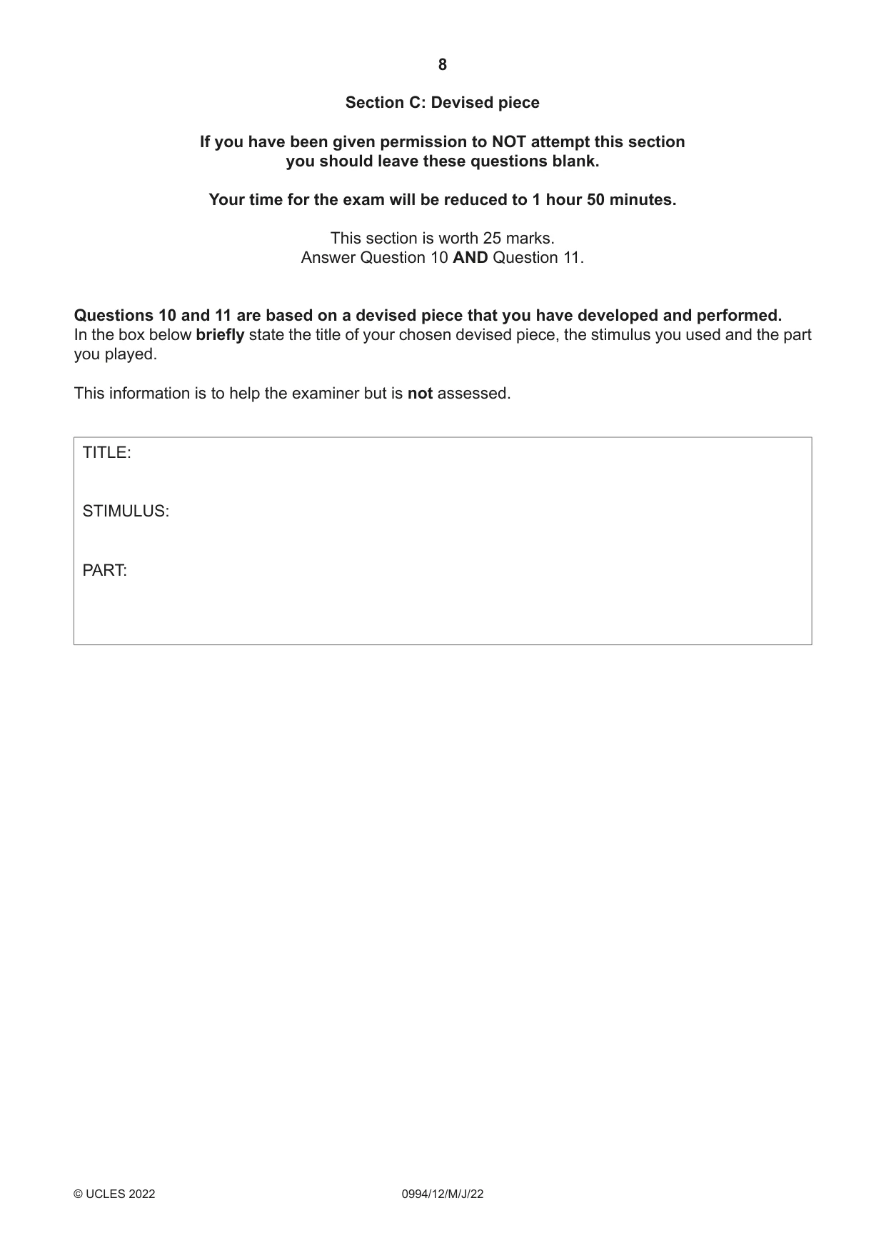 Cambridge IGCSE Drama (9-1) 0994 2022 May/June Paper 1 · Variant 2 question paper, page 8 of 12