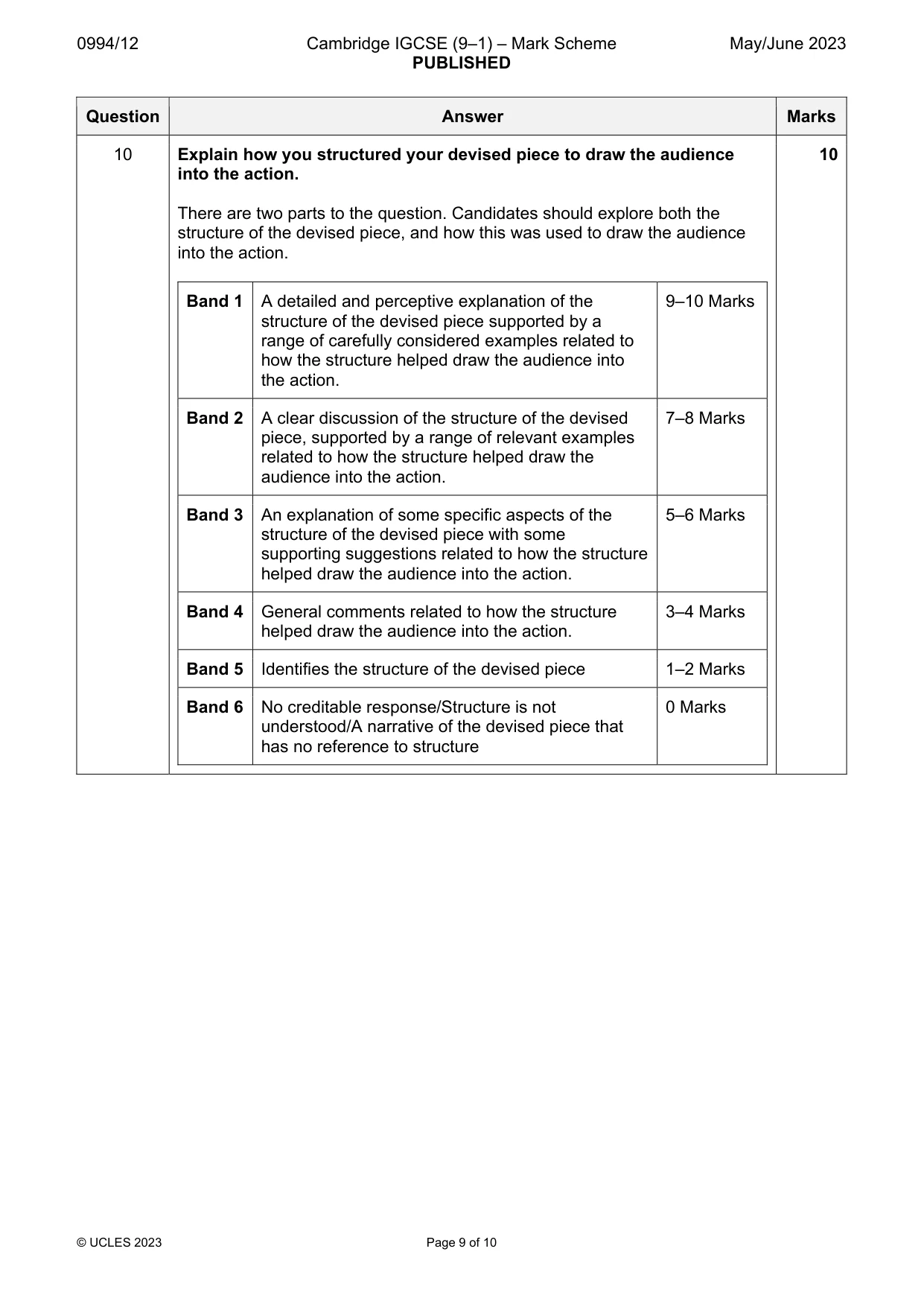 Mark scheme, page 9 of 10