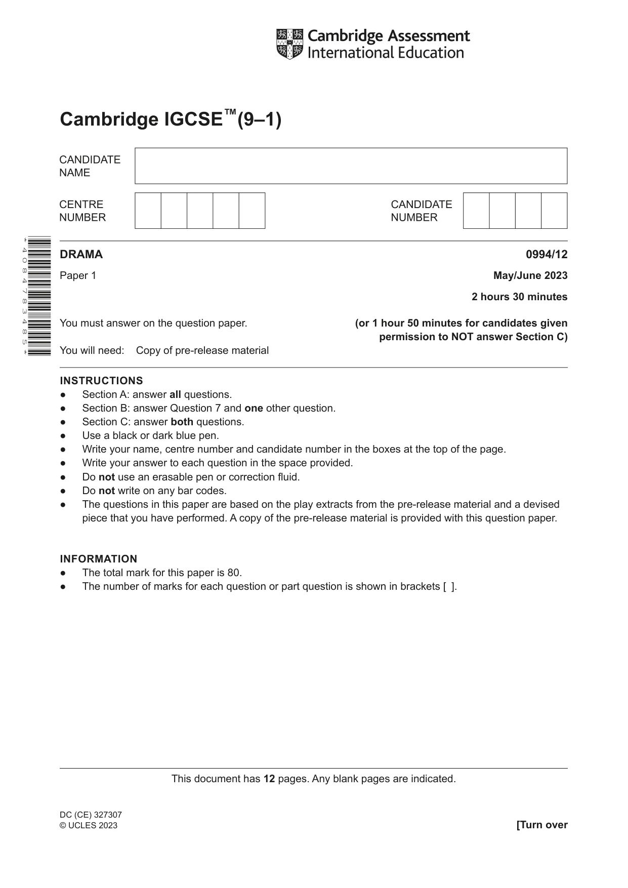 Cambridge IGCSE Drama (9-1) 0994 2023 May/June Paper 1 · Variant 2 question paper, page 1 of 12