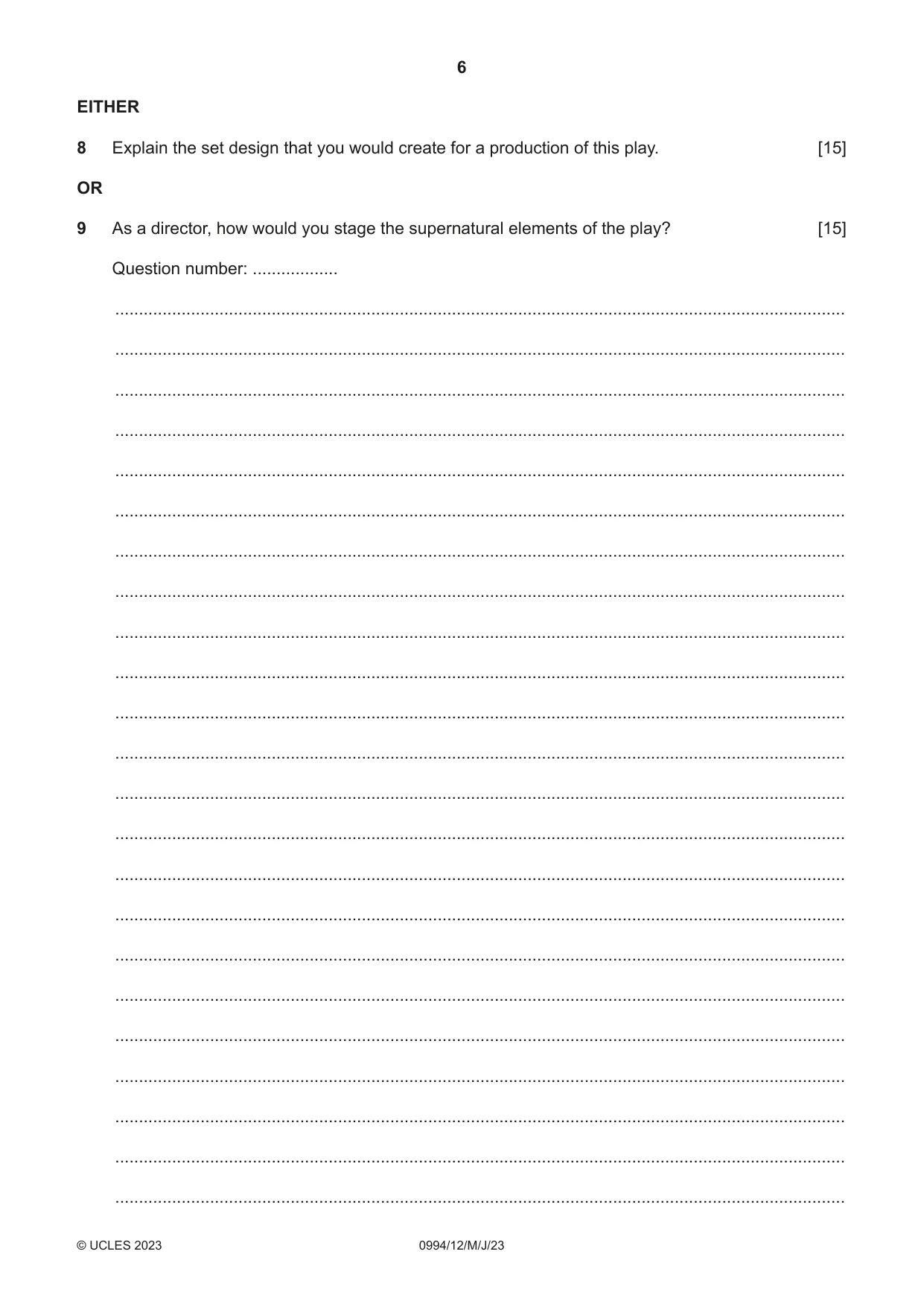 Cambridge IGCSE Drama (9-1) 0994 2023 May/June Paper 1 · Variant 2 question paper, page 6 of 12