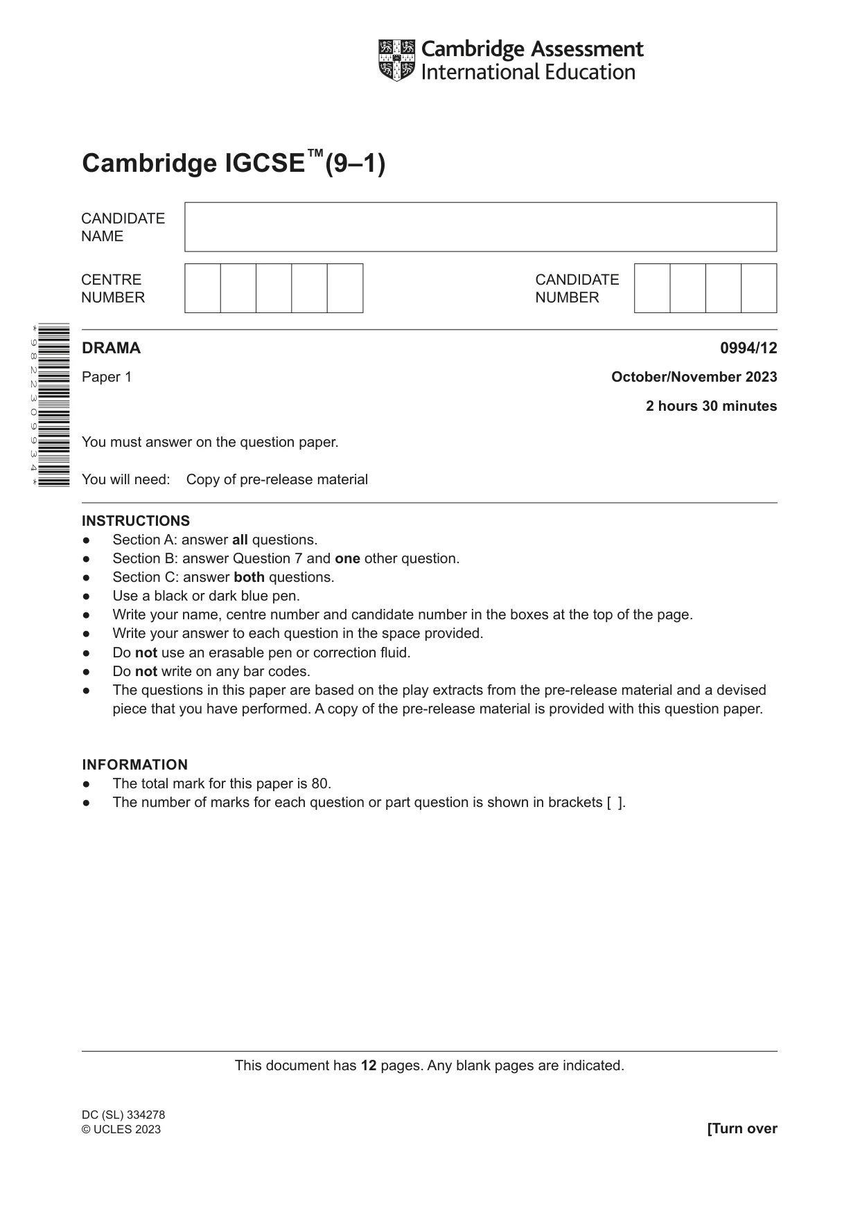 Cambridge IGCSE Drama (9-1) 0994 2023 Oct/Nov Paper 1 · Variant 2 question paper, page 1 of 12