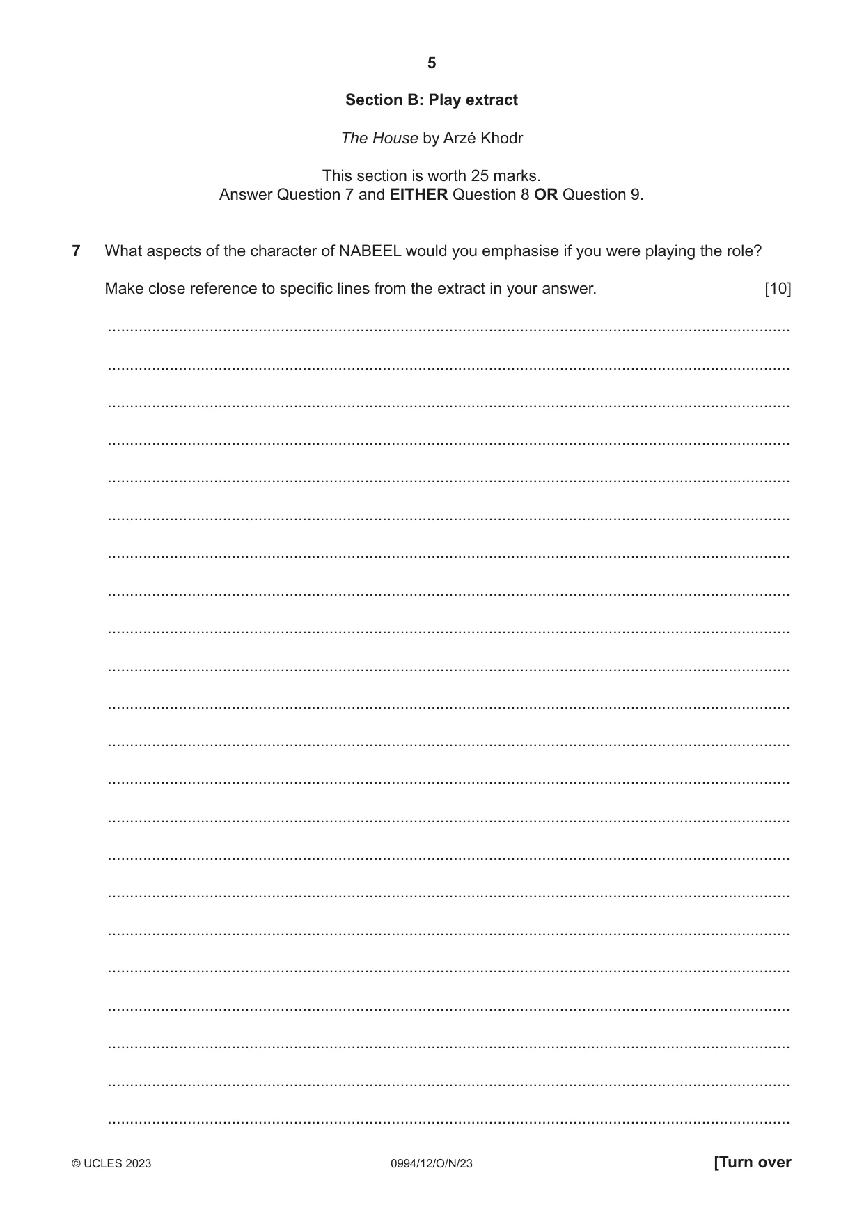 Cambridge IGCSE Drama (9-1) 0994 2023 Oct/Nov Paper 1 · Variant 2 question paper, page 5 of 12