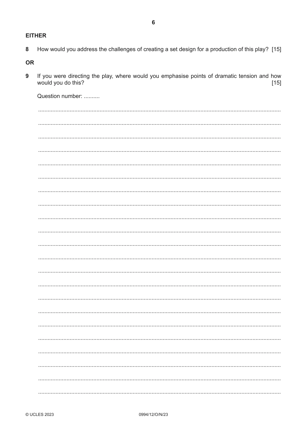 Cambridge IGCSE Drama (9-1) 0994 2023 Oct/Nov Paper 1 · Variant 2 question paper, page 6 of 12