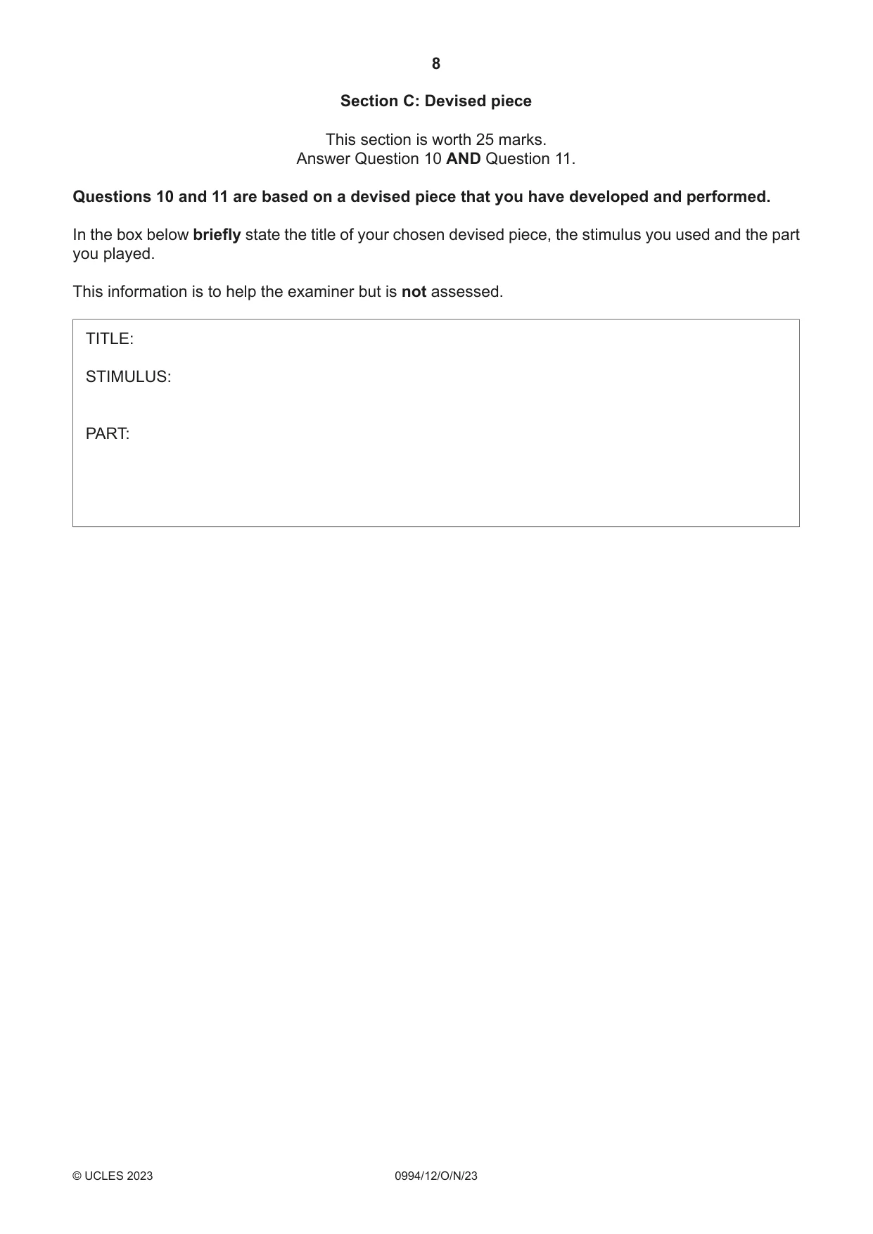 Cambridge IGCSE Drama (9-1) 0994 2023 Oct/Nov Paper 1 · Variant 2 question paper, page 8 of 12