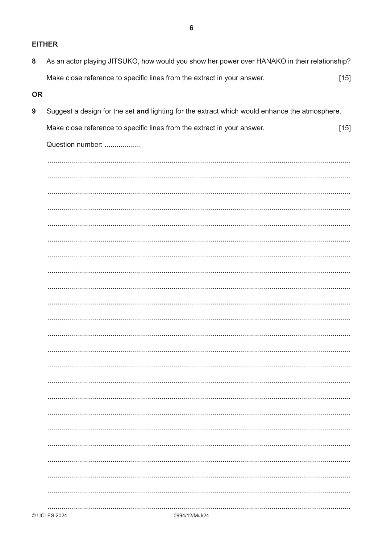 Cambridge IGCSE Drama (9-1) 0994 2024 May/June Paper 1 · Variant 2 question paper, page 6 of 12