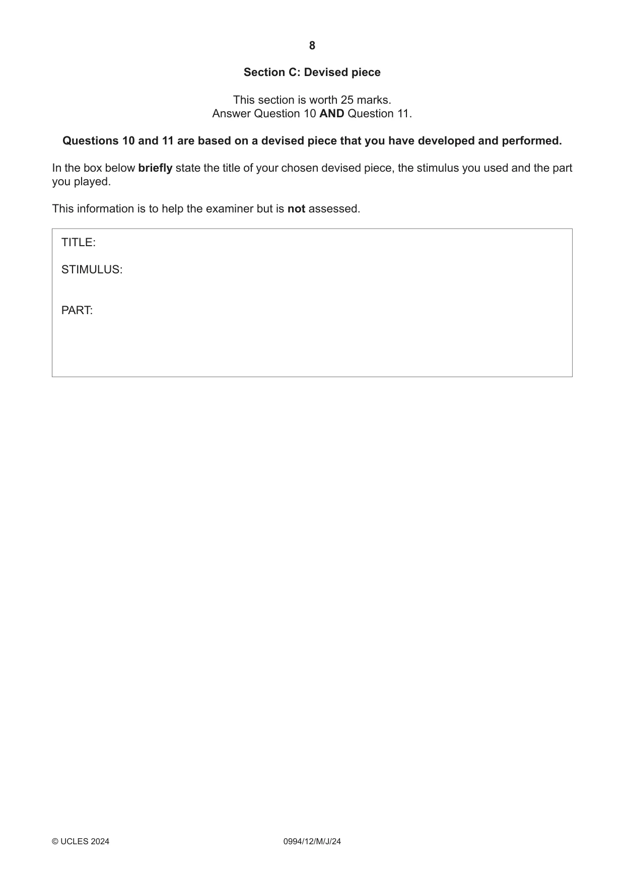 Cambridge IGCSE Drama (9-1) 0994 2024 May/June Paper 1 · Variant 2 question paper, page 8 of 12