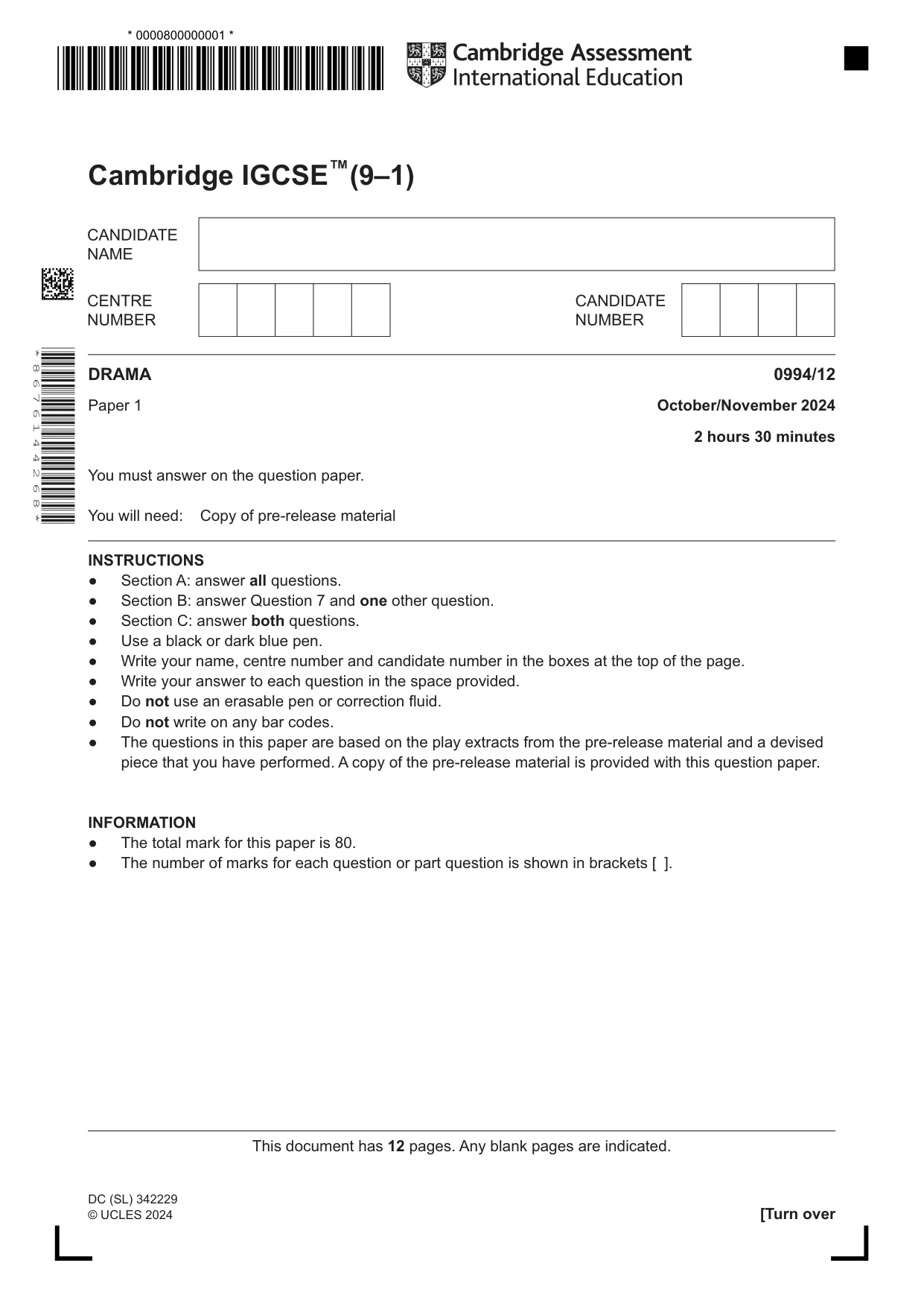 Cambridge IGCSE Drama (9-1) 0994 2024 Oct/Nov Paper 1 · Variant 2 question paper, page 1 of 12