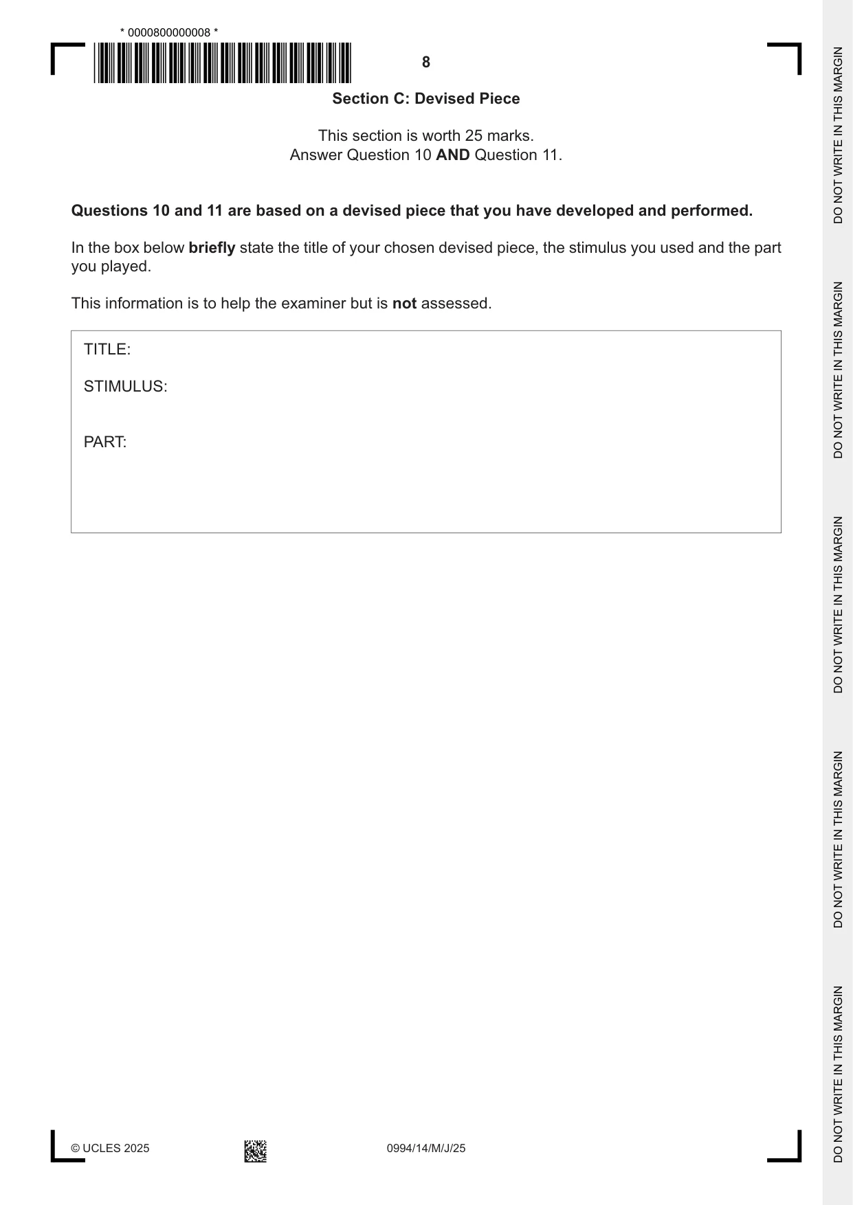 Cambridge IGCSE Drama (9-1) 0994 2025 May/June Paper 1 · Variant 4 question paper, page 8 of 12