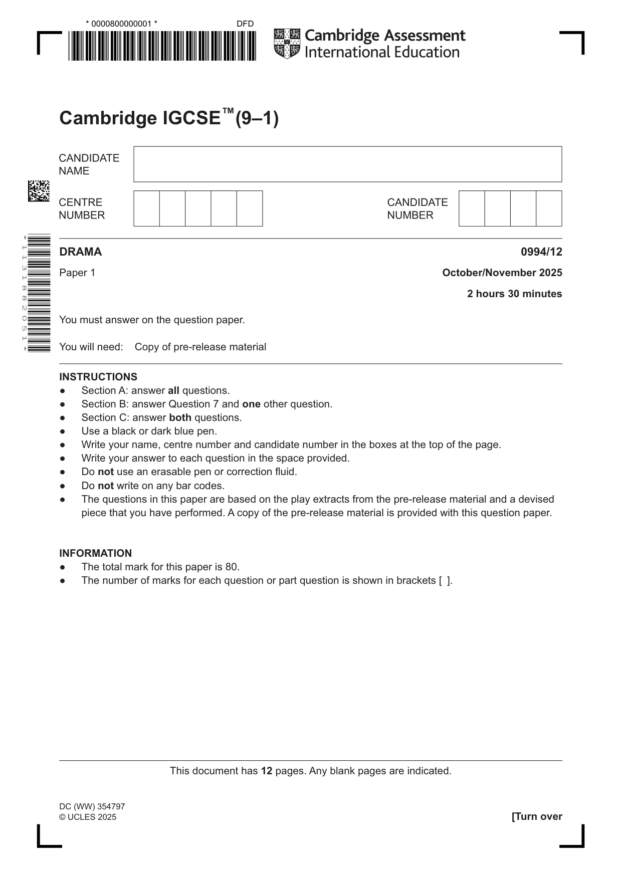 Cambridge IGCSE Drama (9-1) 0994 2025 Oct/Nov Paper 1 · Variant 2 question paper, page 1 of 12