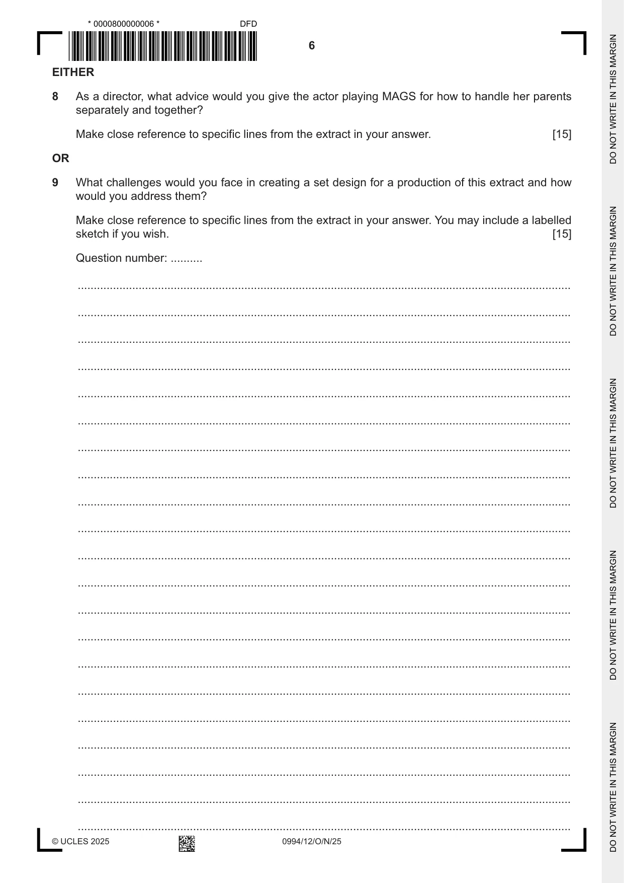 Cambridge IGCSE Drama (9-1) 0994 2025 Oct/Nov Paper 1 · Variant 2 question paper, page 6 of 12