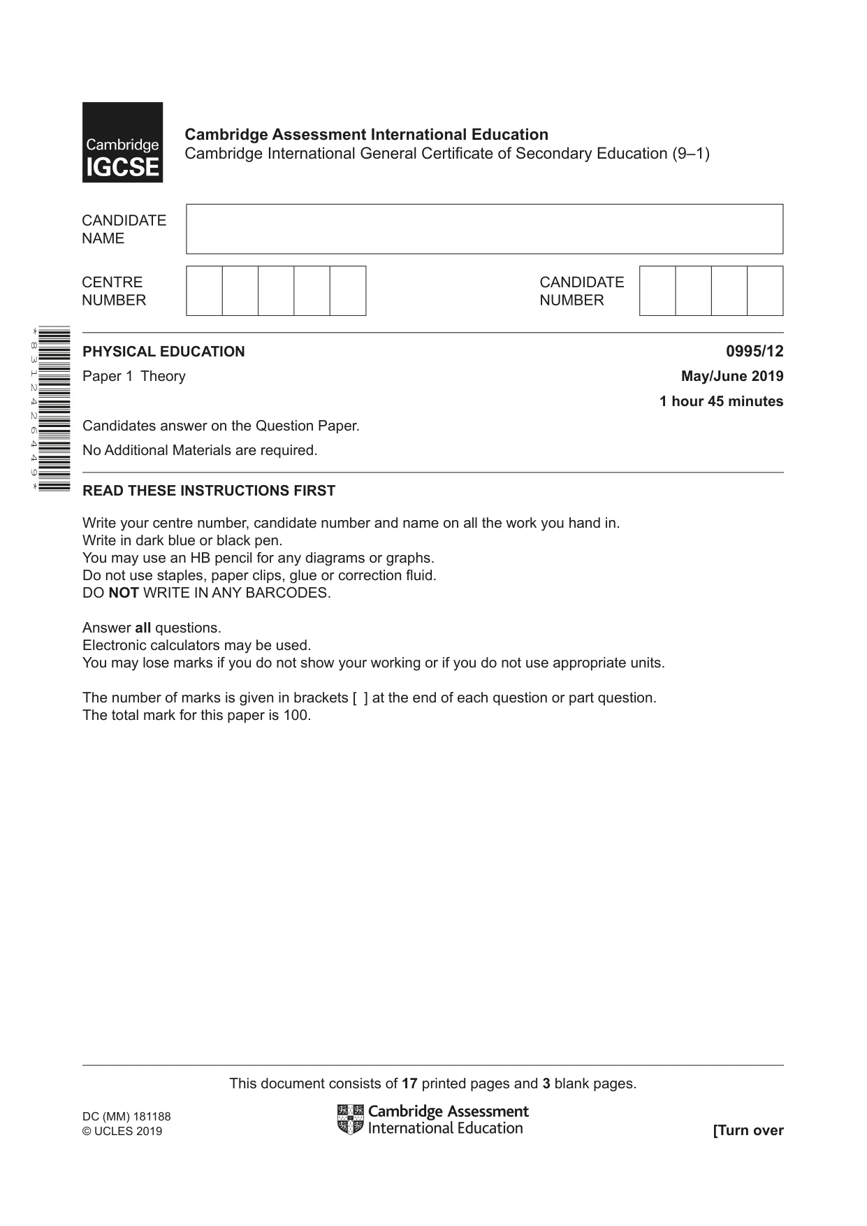 Cambridge IGCSE Physical Education (9-1) 0995 2019 May/June Paper 1 · Variant 2 question paper, page 1 of 20