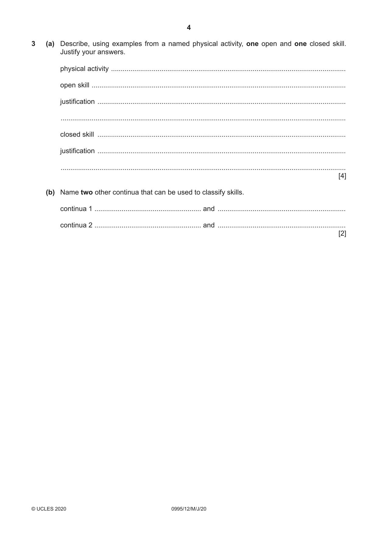 Cambridge IGCSE Physical Education (9-1) 0995 2020 May/June Paper 1 · Variant 2 question paper, page 4 of 16