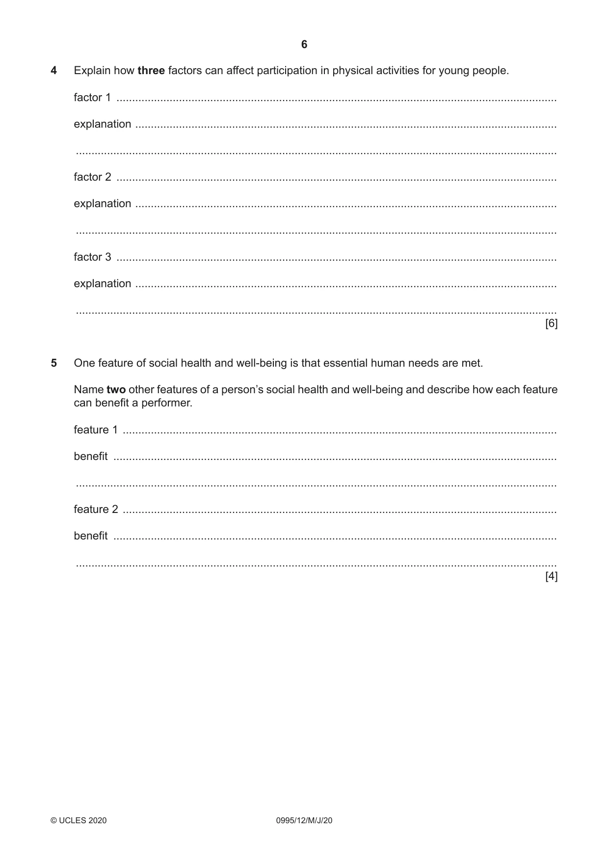 Cambridge IGCSE Physical Education (9-1) 0995 2020 May/June Paper 1 · Variant 2 question paper, page 6 of 16