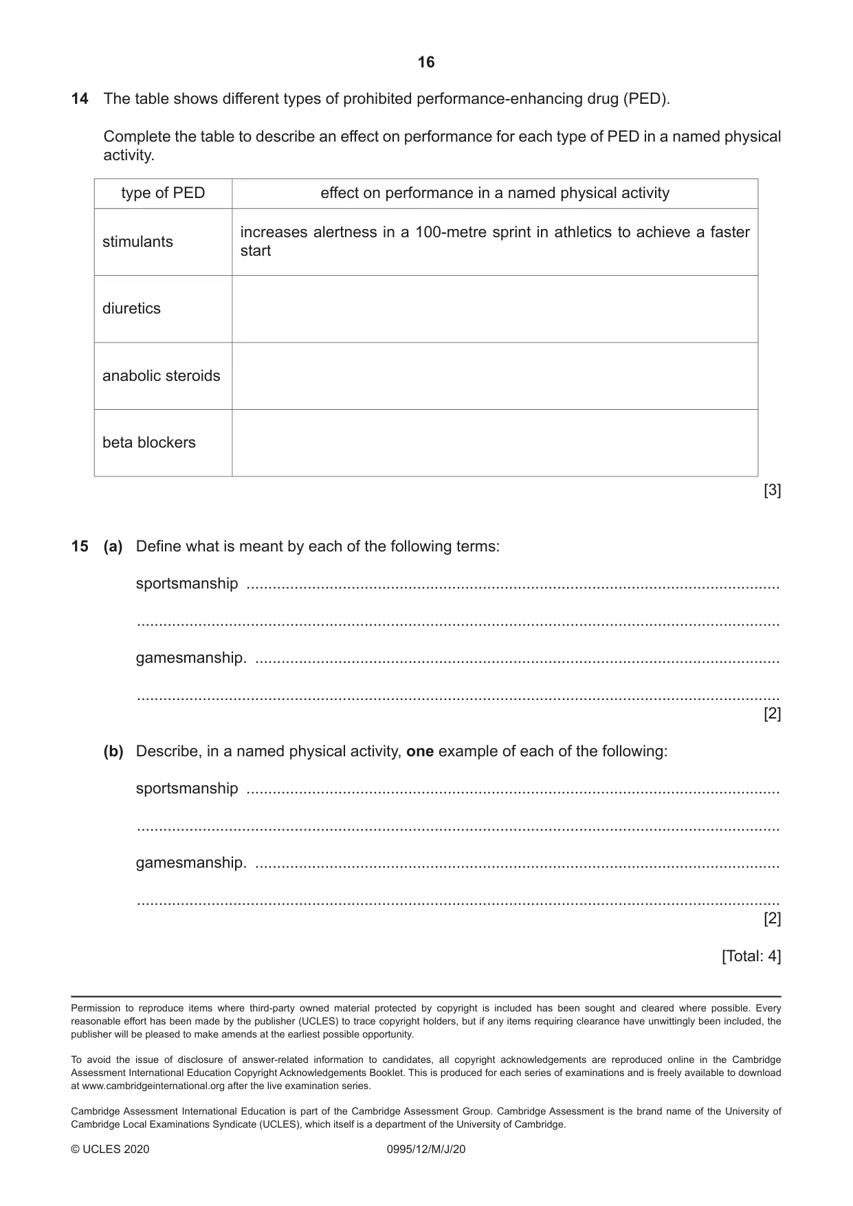 Cambridge IGCSE Physical Education (9-1) 0995 2020 May/June Paper 1 · Variant 2 question paper, page 16 of 16