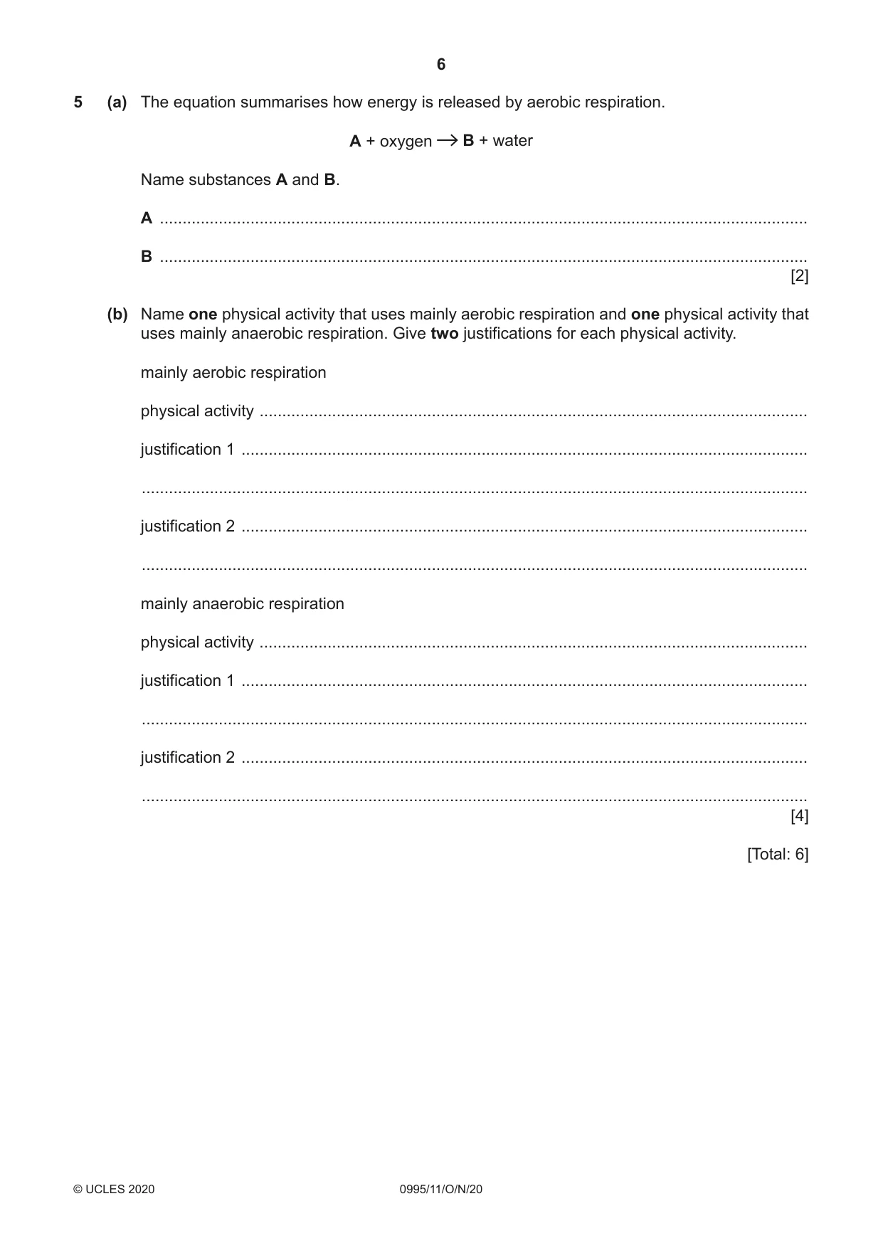 Cambridge IGCSE Physical Education (9-1) 0995 2020 Oct/Nov Paper 1 · Variant 1 question paper, page 6 of 20