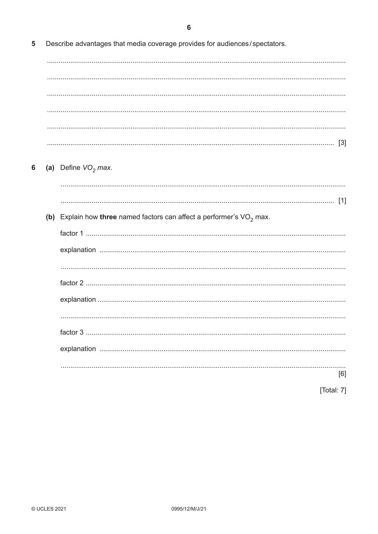 Cambridge IGCSE Physical Education (9-1) 0995 2021 May/June Paper 1 · Variant 2 question paper, page 6 of 16