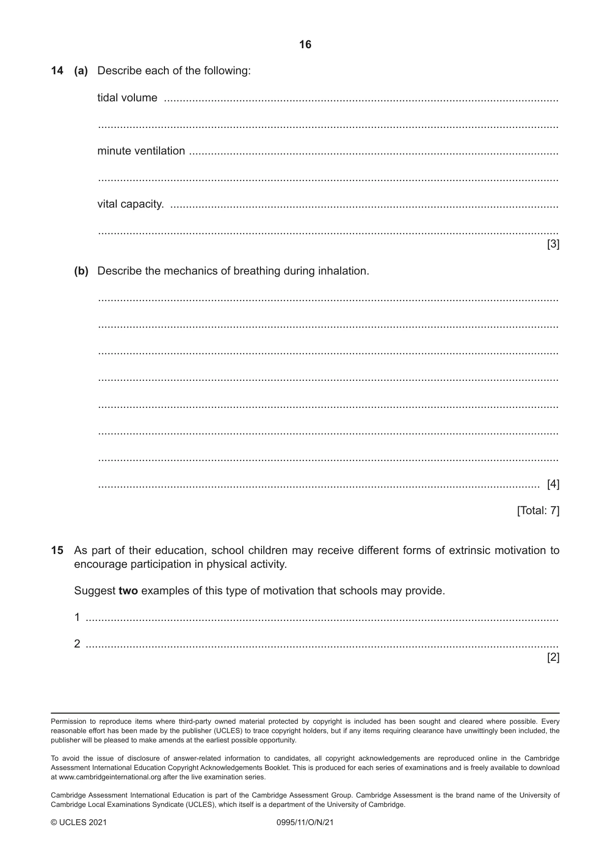 Cambridge IGCSE Physical Education (9-1) 0995 2021 Oct/Nov Paper 1 · Variant 1 question paper, page 16 of 16